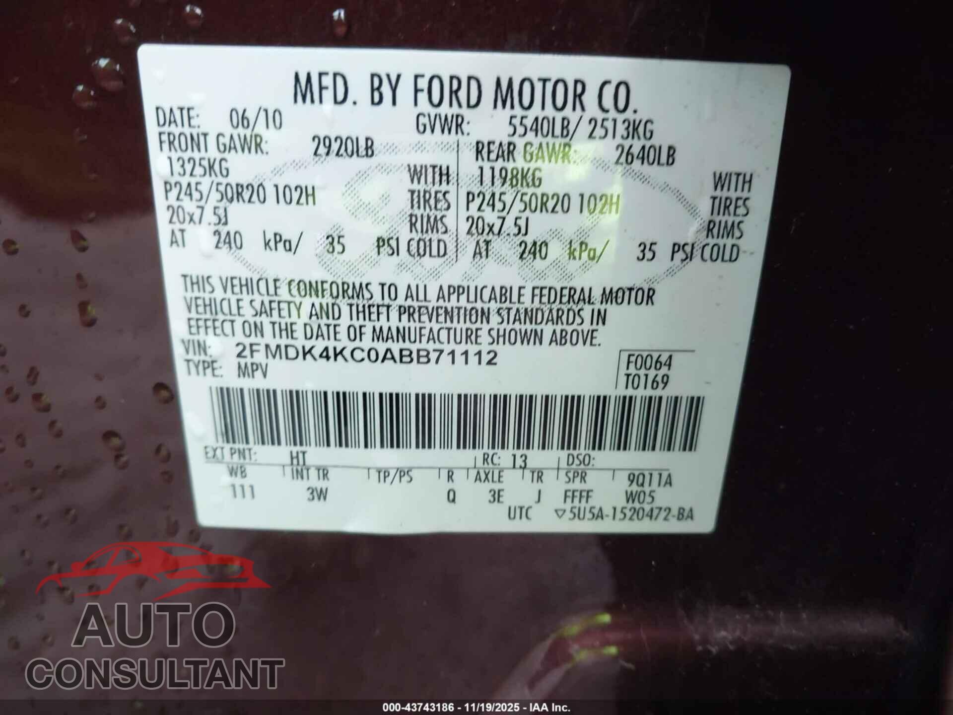 FORD EDGE 2010 - 2FMDK4KC0ABB71112