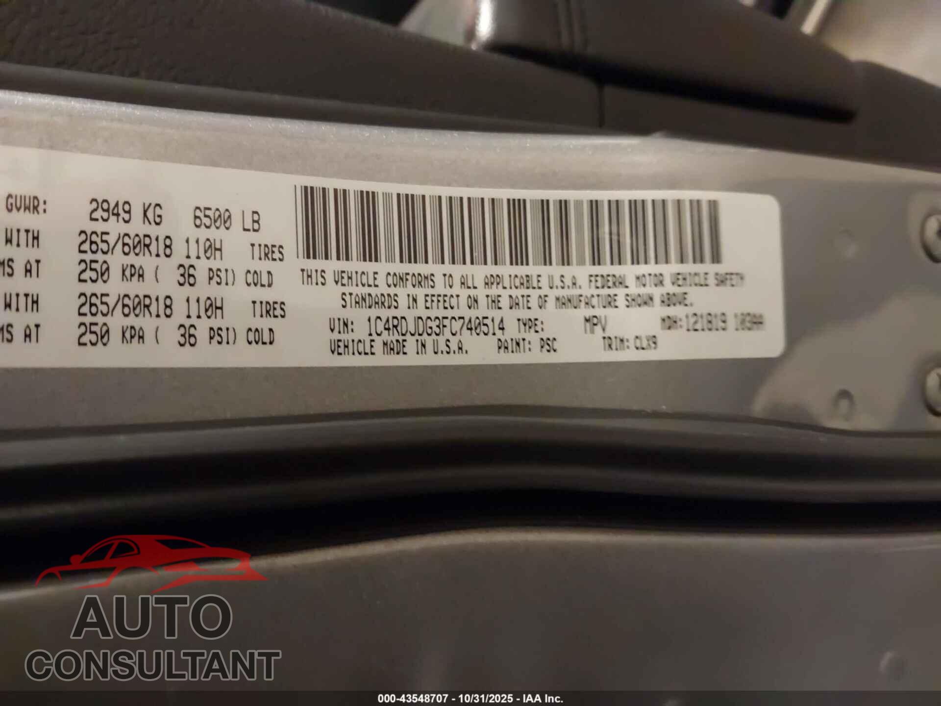 DODGE DURANGO 2015 - 1C4RDJDG3FC740514