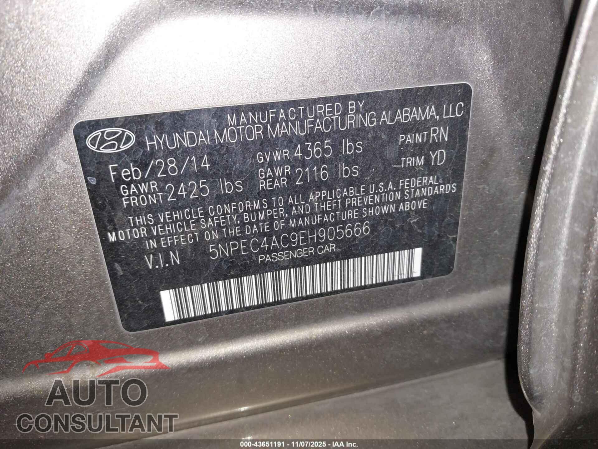 HYUNDAI SONATA 2014 - 5NPEC4AC9EH905666