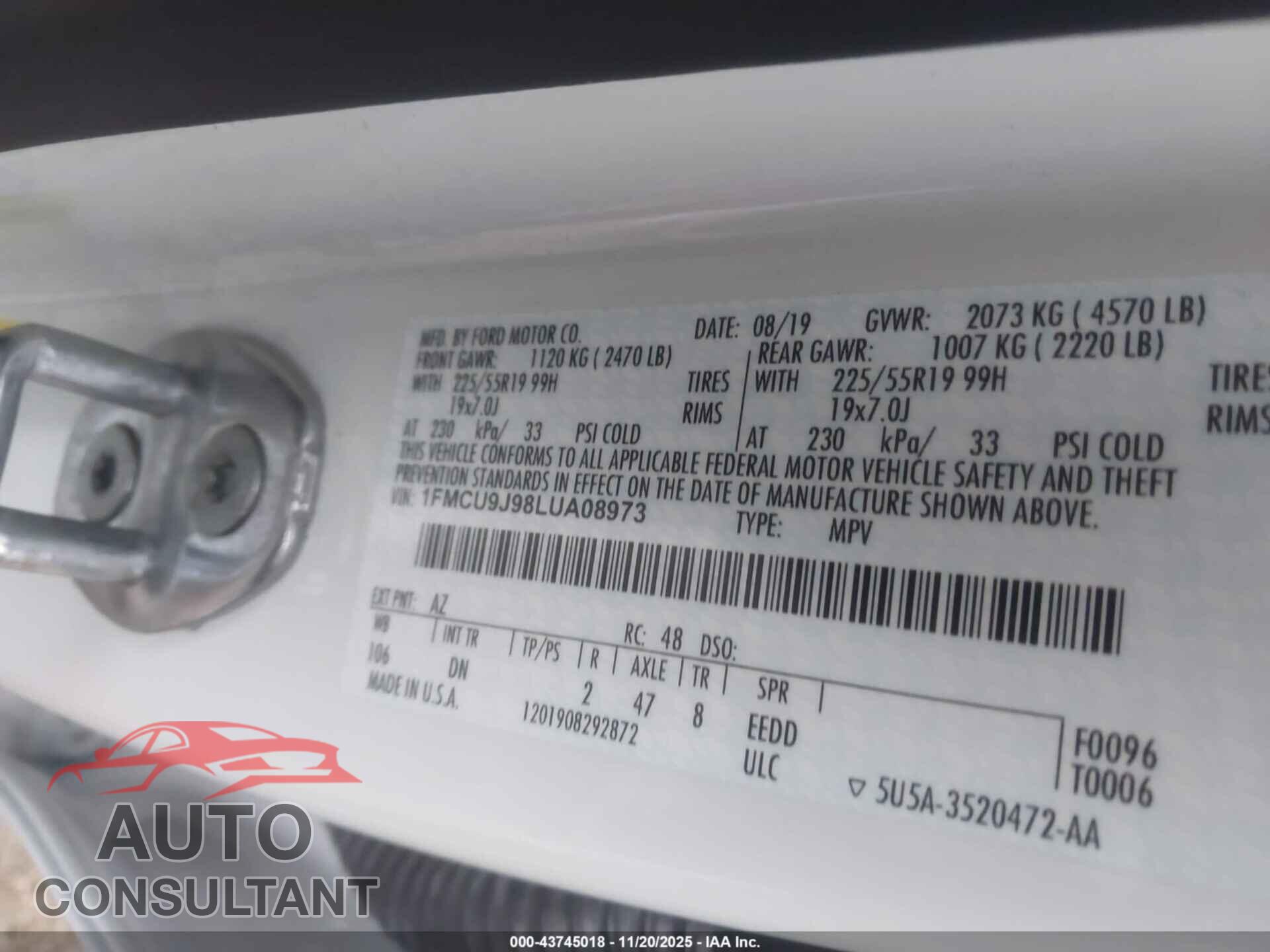 FORD ESCAPE 2020 - 1FMCU9J98LUA08973
