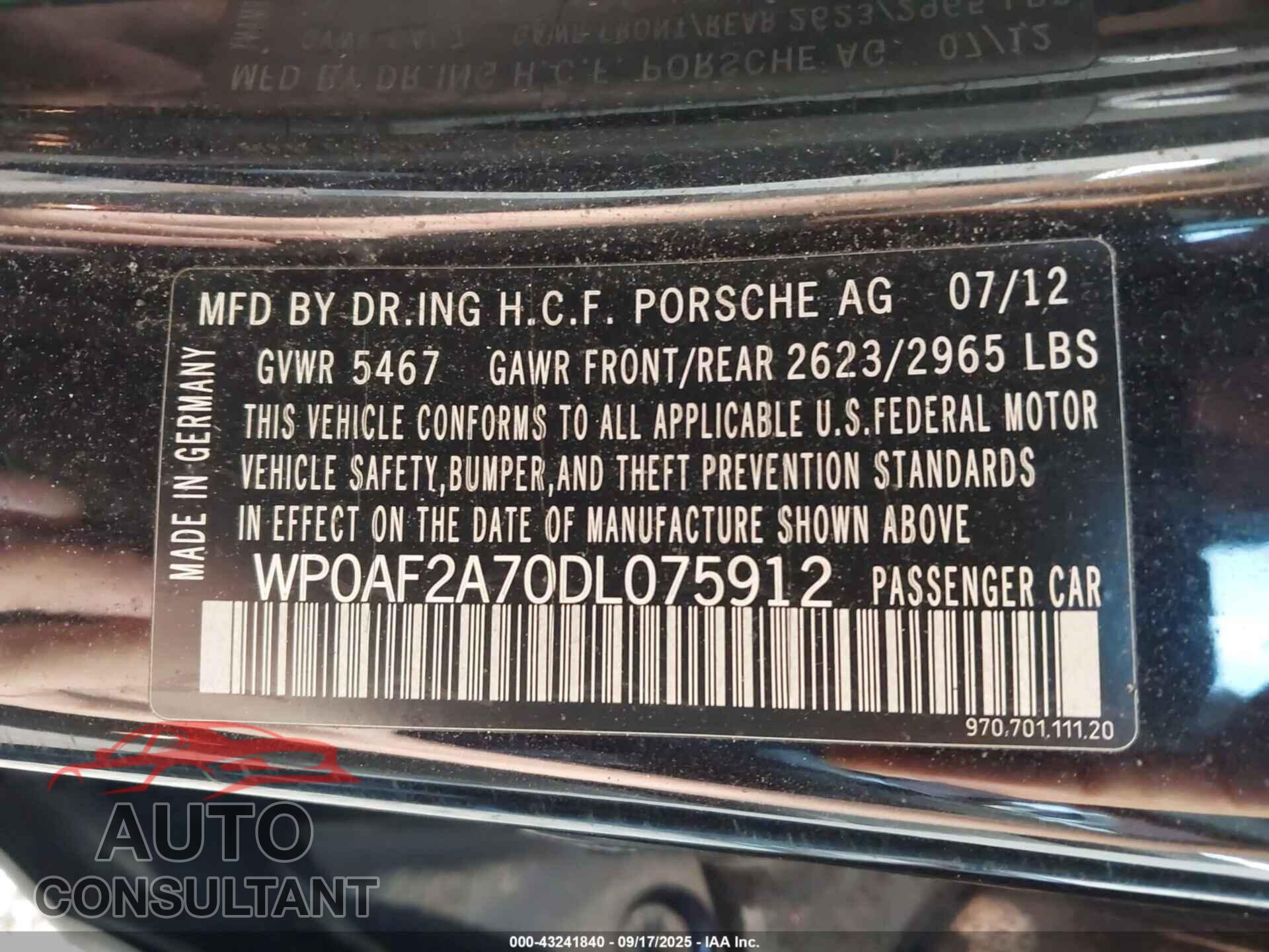 PORSCHE PANAMERA 2013 - WP0AF2A70DL075912