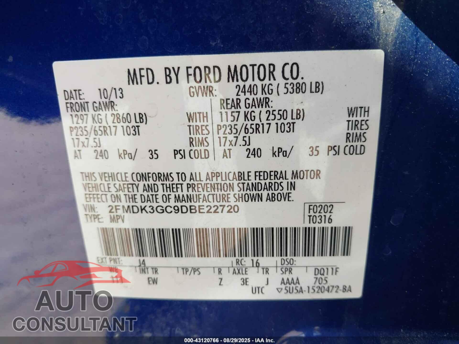 FORD EDGE 2013 - 2FMDK3GC9DBE22720