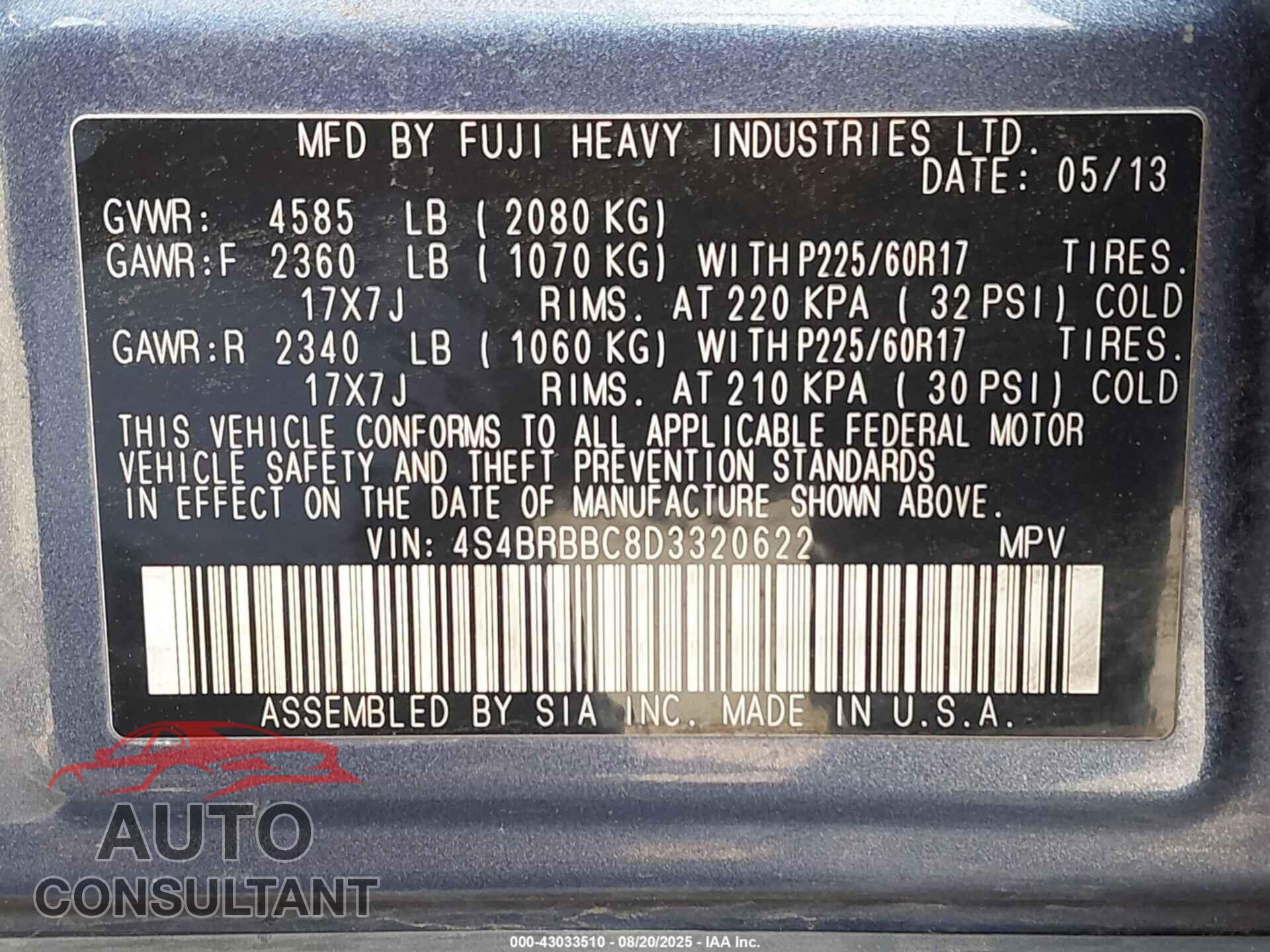SUBARU OUTBACK 2013 - 4S4BRBBC8D3320622