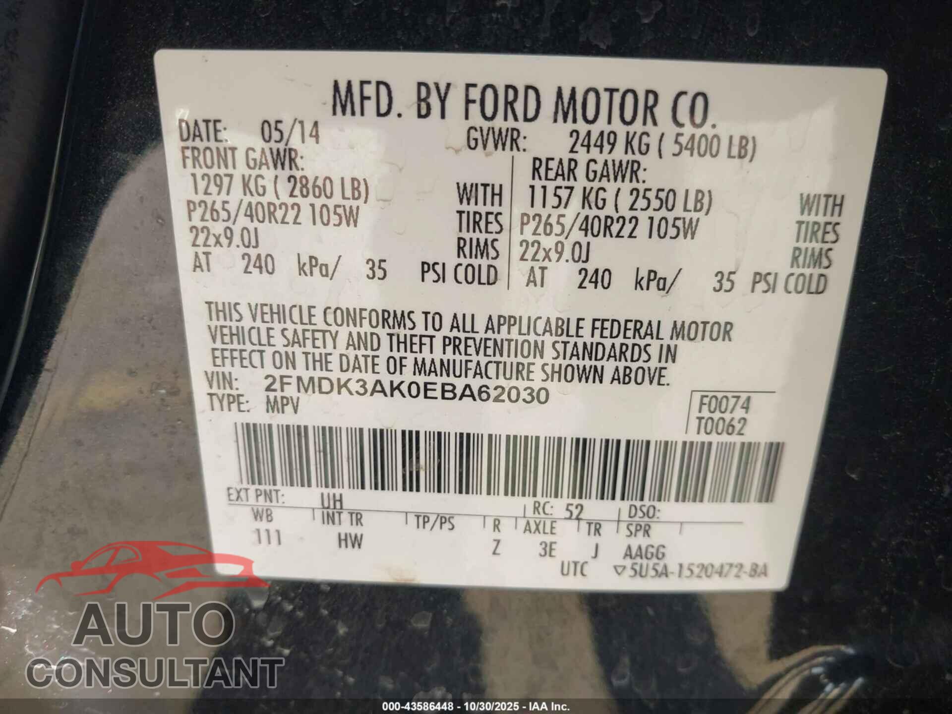 FORD EDGE 2014 - 2FMDK3AK0EBA62030
