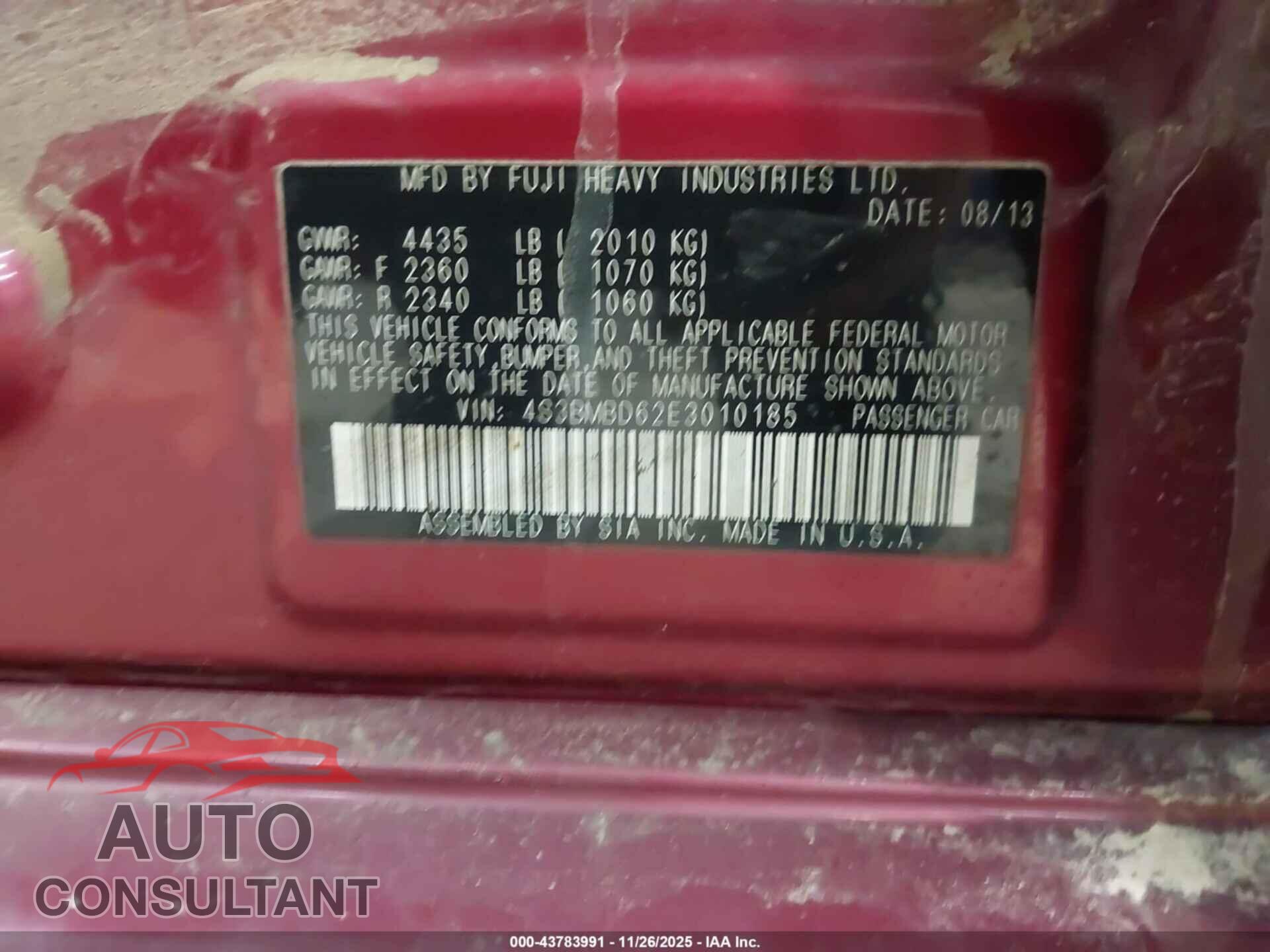SUBARU LEGACY 2014 - 4S3BMBD62E3010185