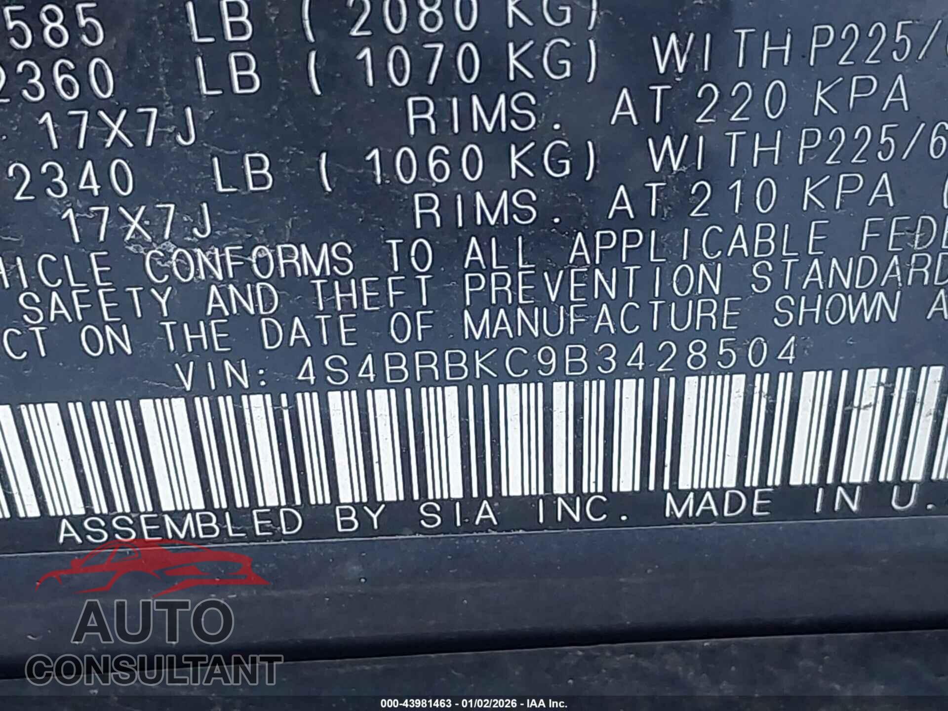 SUBARU OUTBACK 2011 - 4S4BRBKC9B3428504
