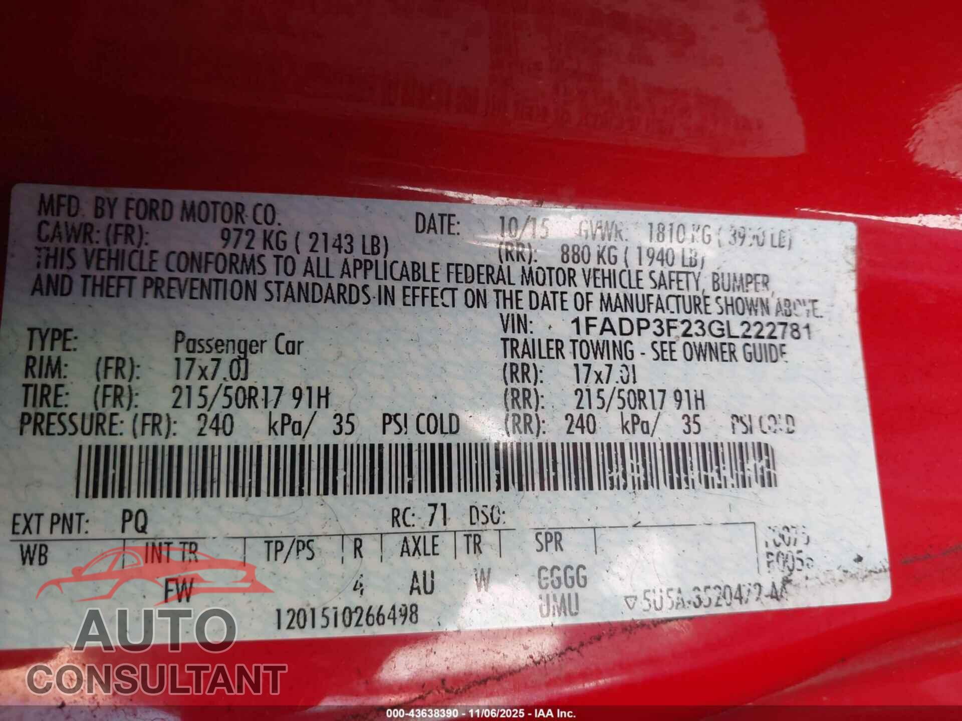 FORD FOCUS 2016 - 1FADP3F23GL222781