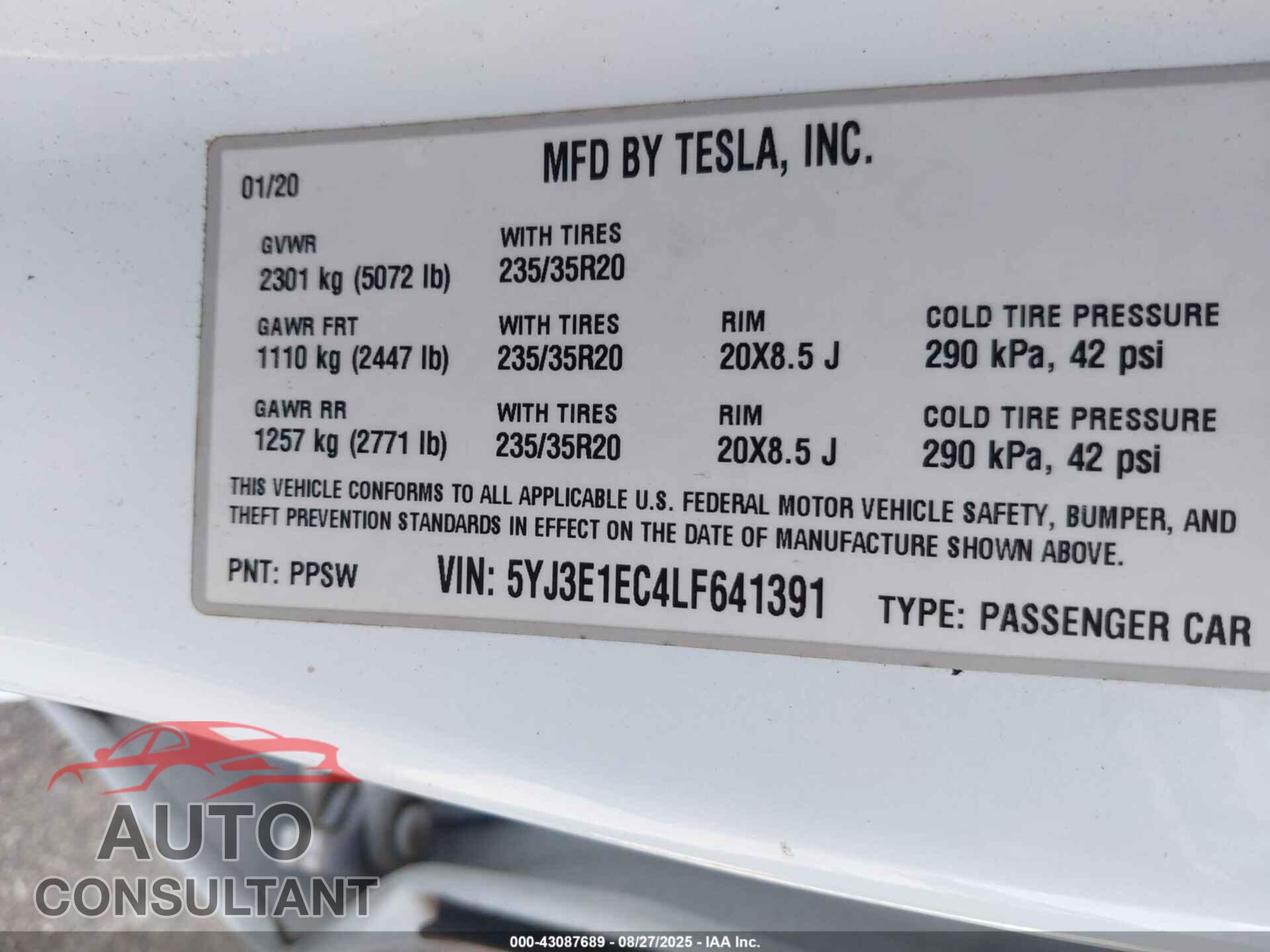 TESLA MODEL 3 2020 - 5YJ3E1EC4LF641391