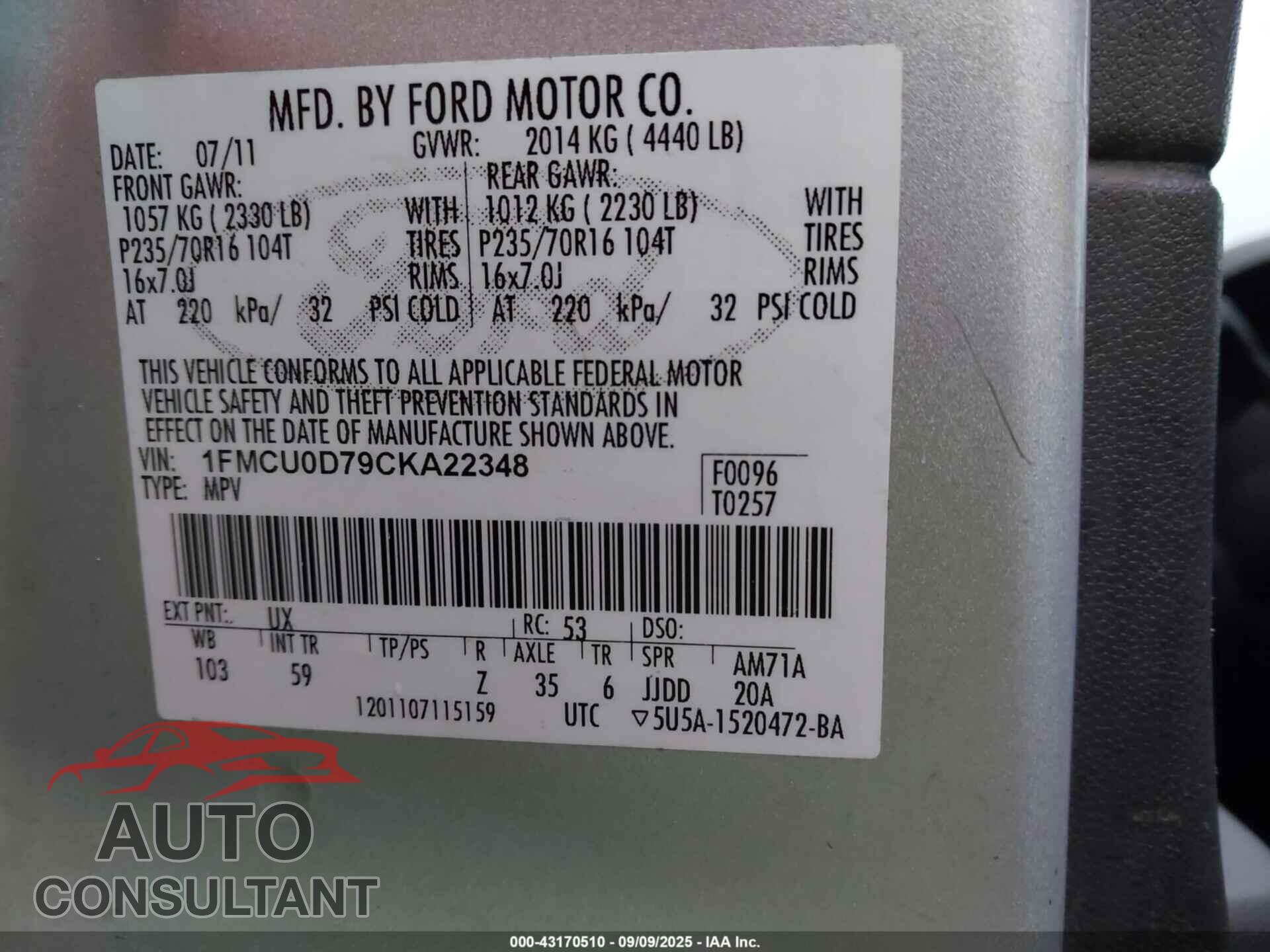 FORD ESCAPE 2012 - 1FMCU0D79CKA22348