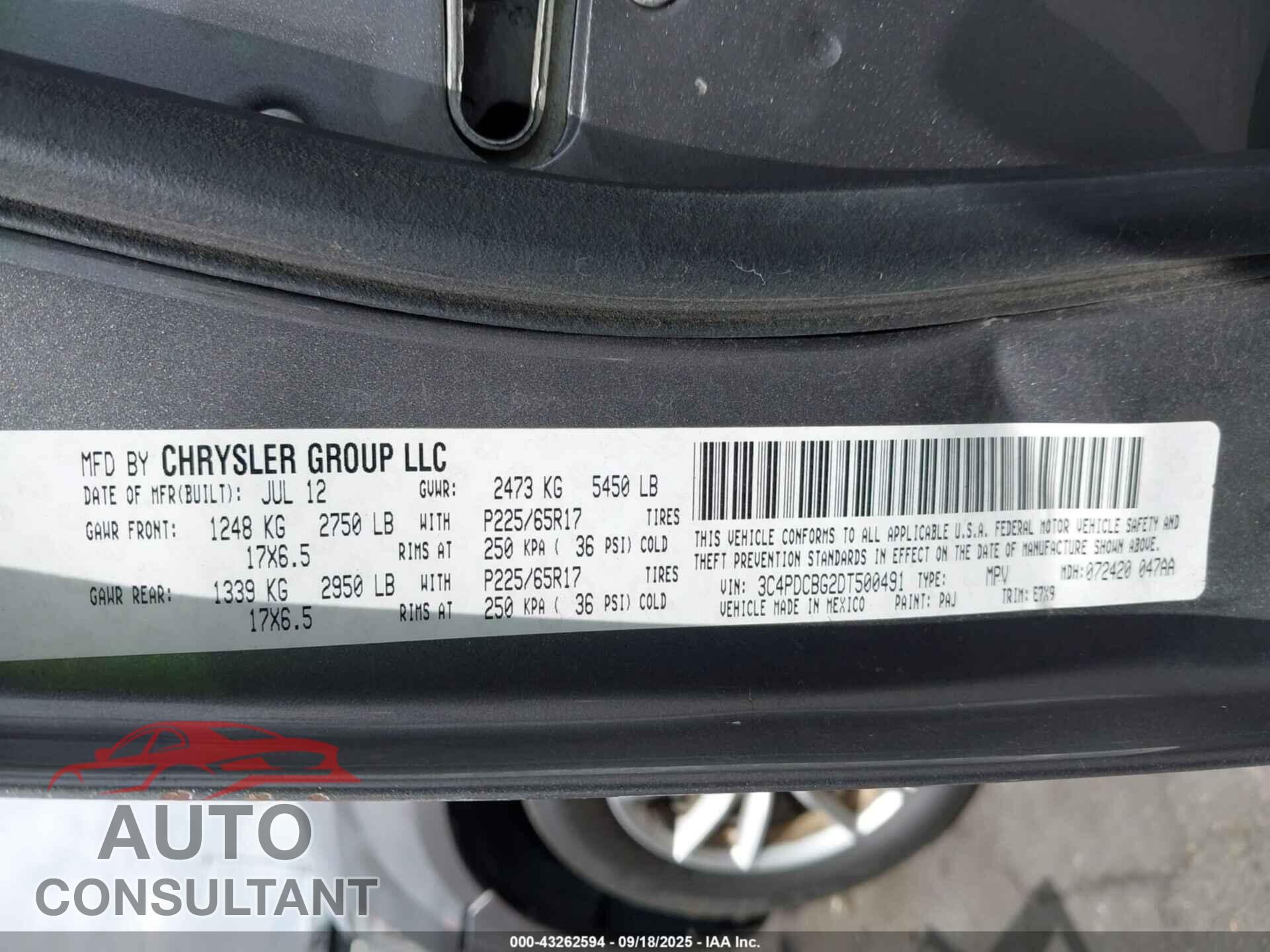 DODGE JOURNEY 2013 - 3C4PDCBG2DT500491