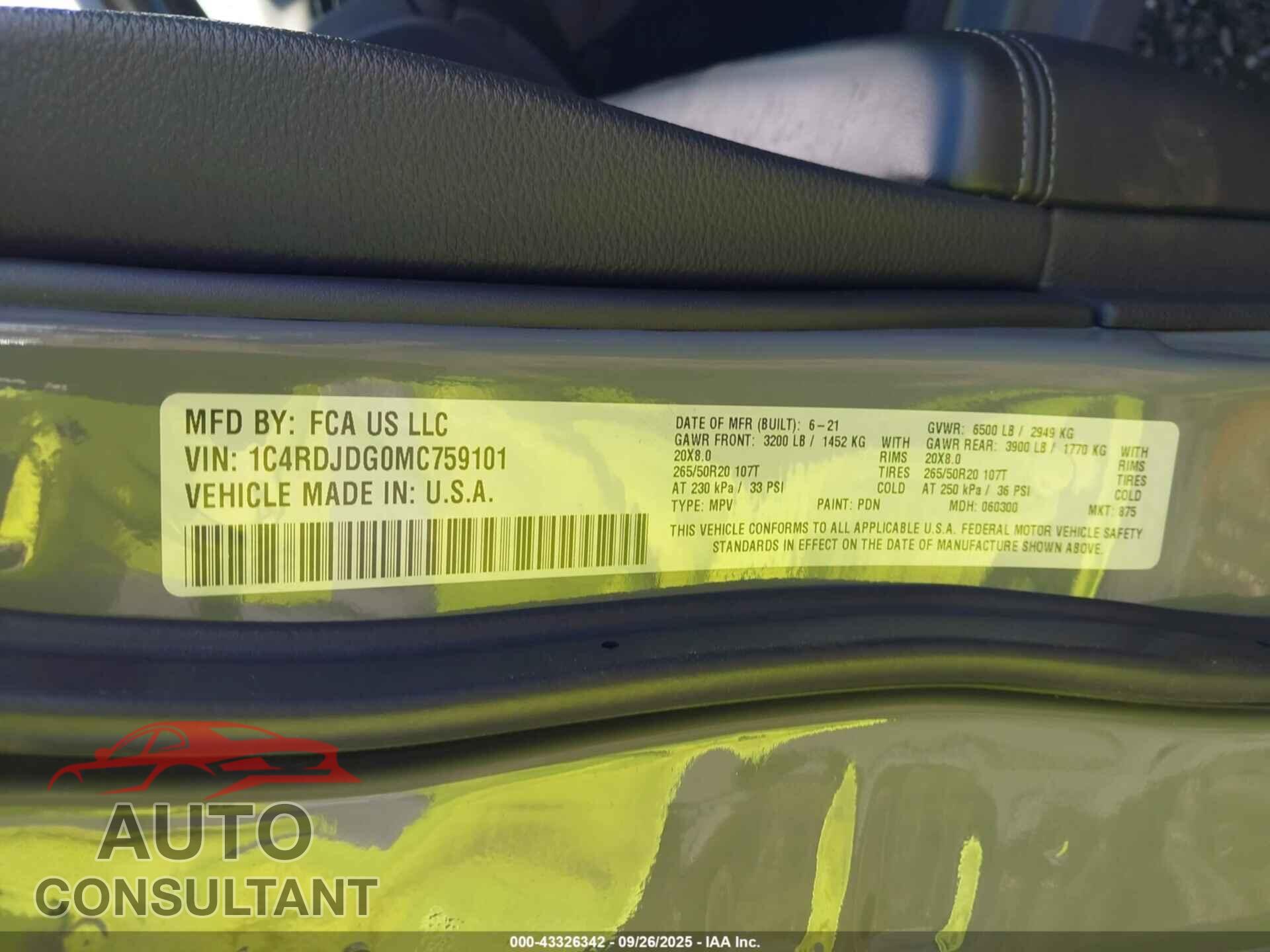 DODGE DURANGO 2021 - 1C4RDJDG0MC759101