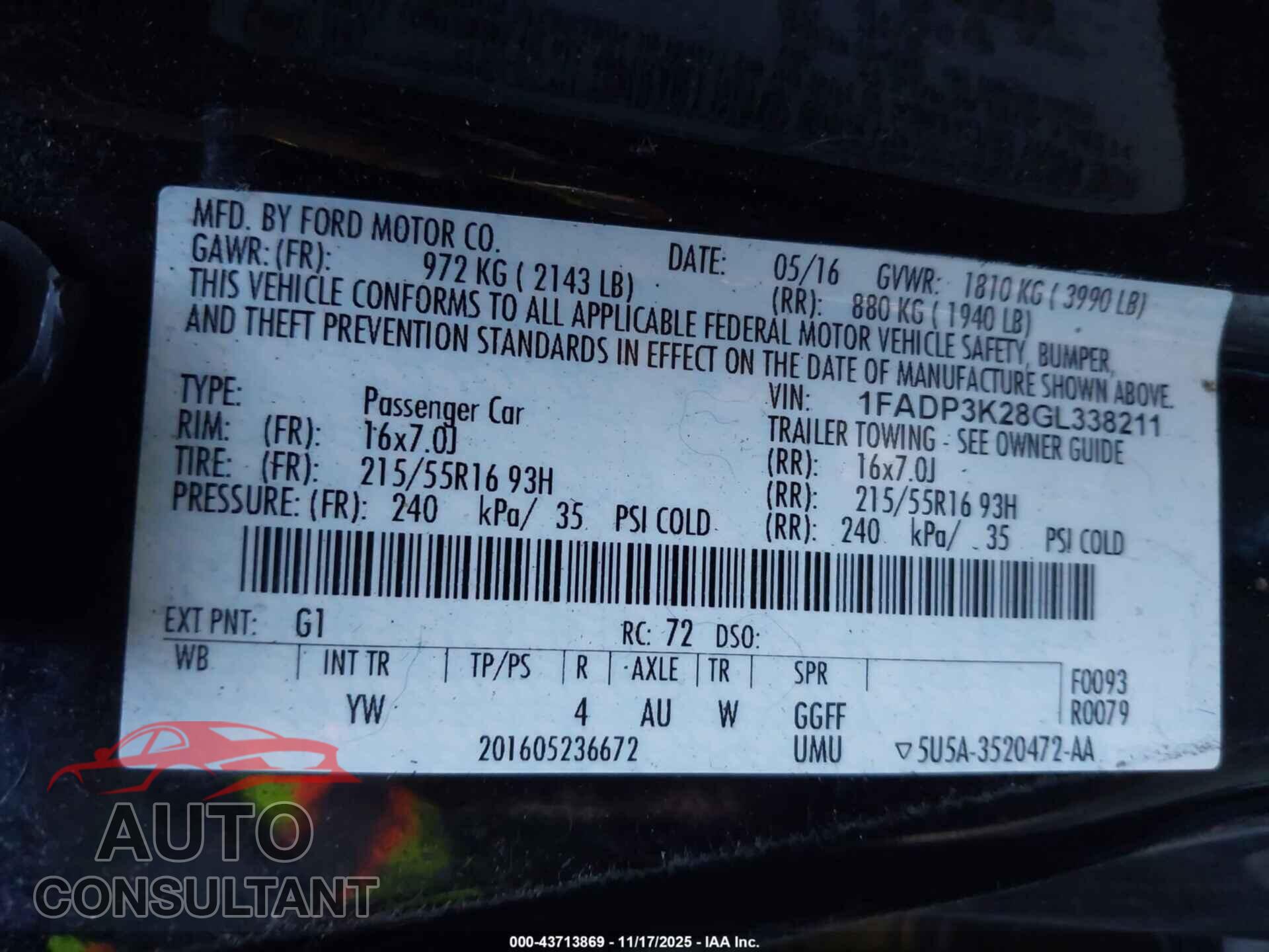 FORD FOCUS 2016 - 1FADP3K28GL338211