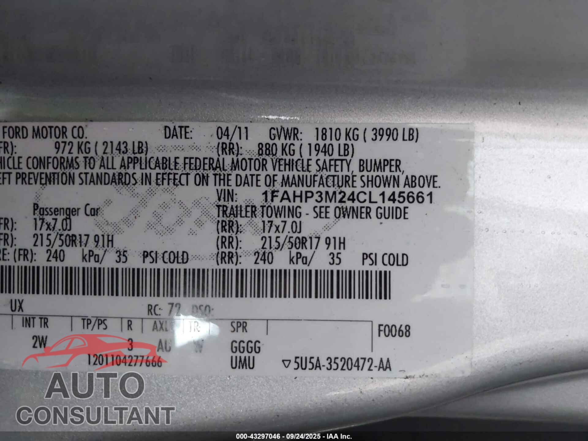 FORD FOCUS 2012 - 1FAHP3M24CL145661