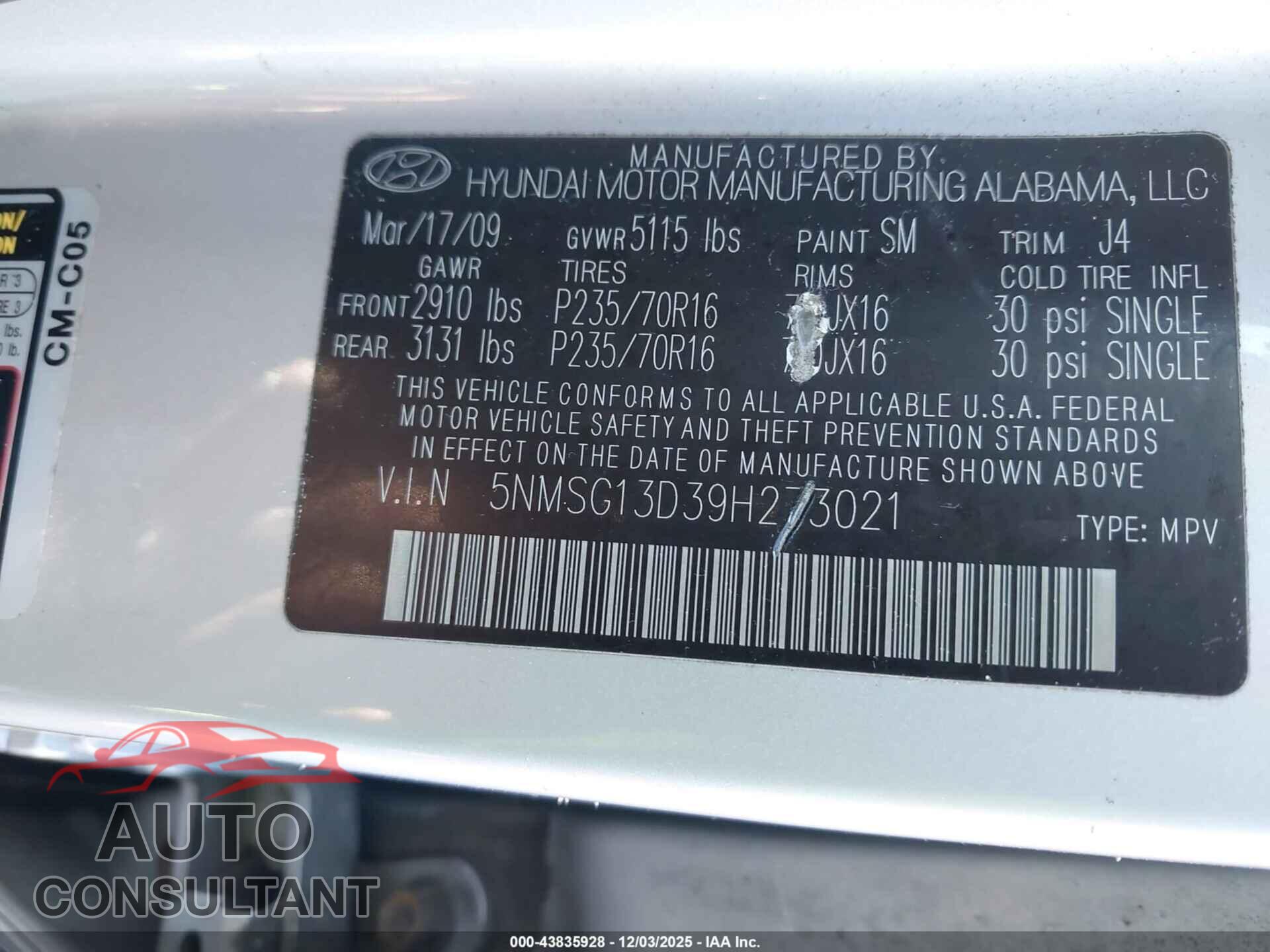 HYUNDAI SANTA FE 2009 - 5NMSG13D39H273021