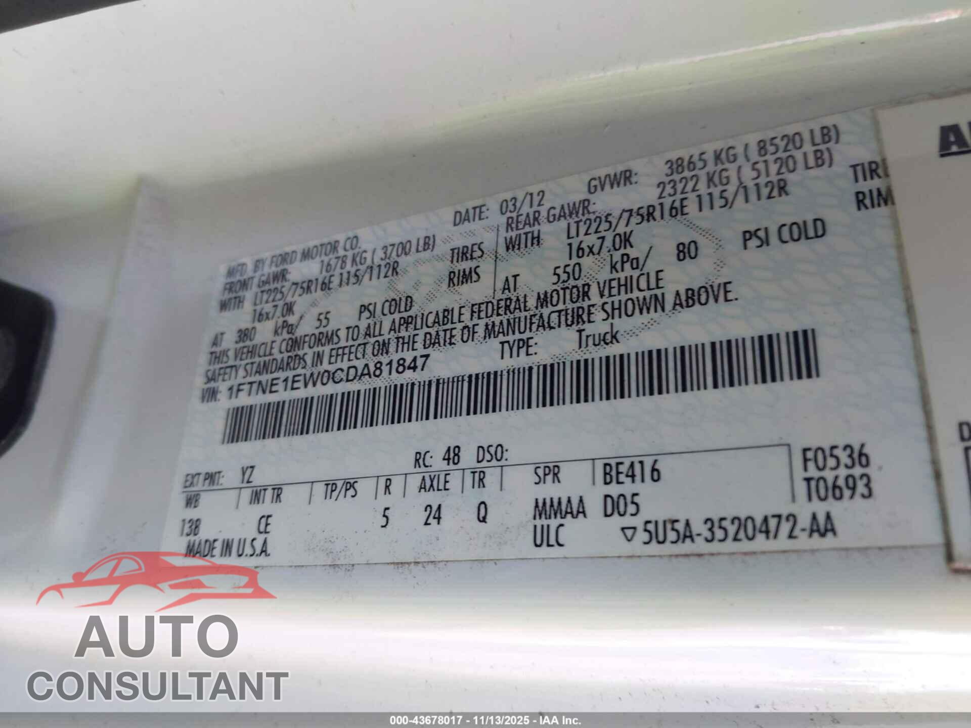 FORD E-150 2012 - 1FTNE1EW0CDA81847