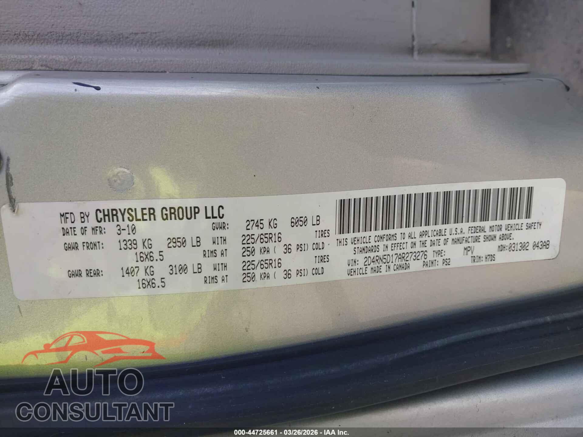 DODGE GRAND CARAVAN 2010 - 2D4RN5D17AR273276