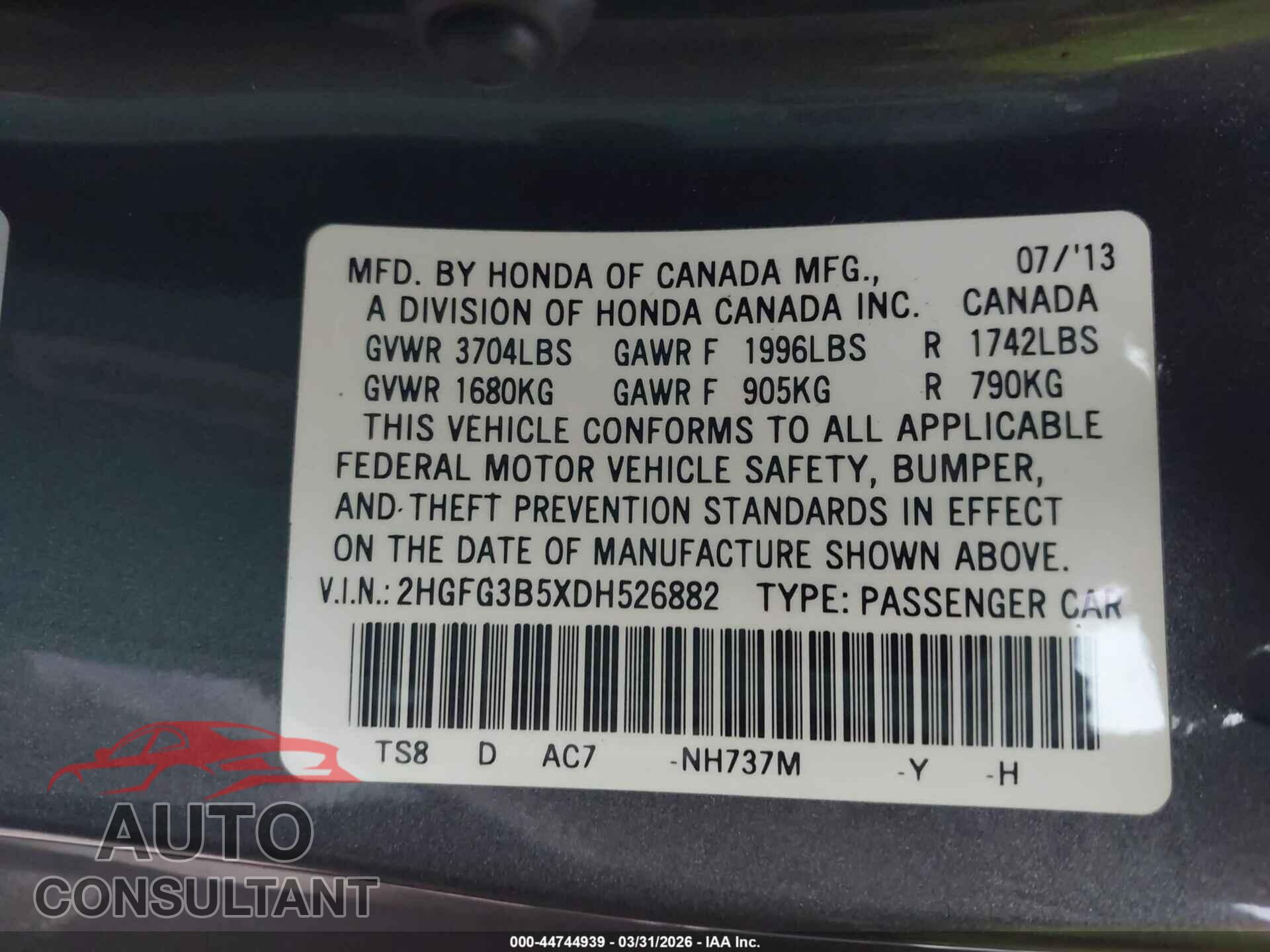 HONDA CIVIC 2013 - 2HGFG3B5XDH526882