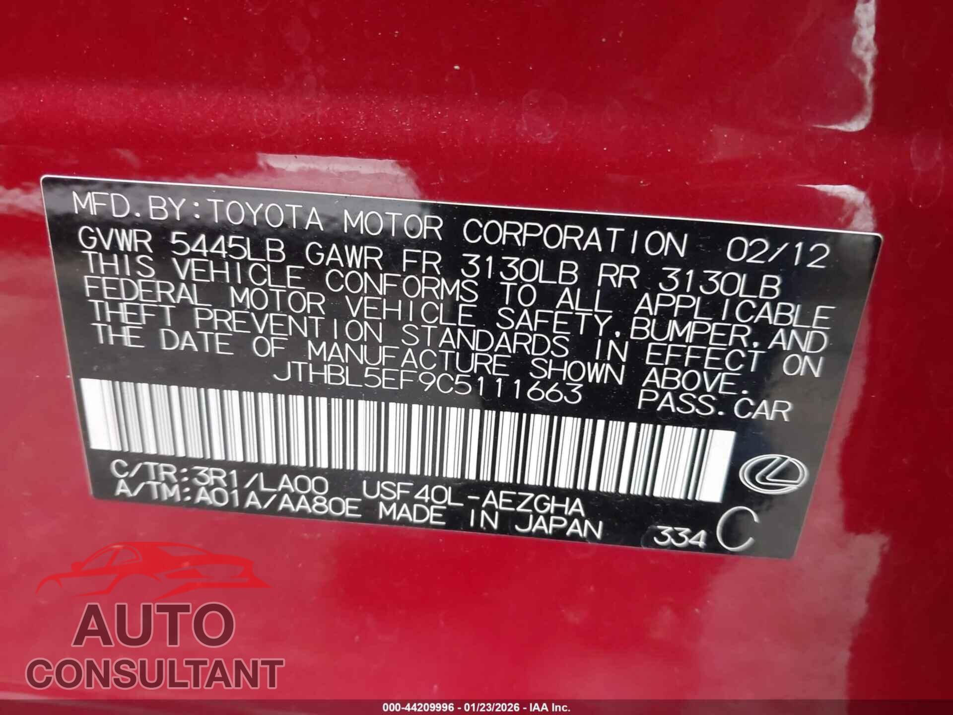 LEXUS LS 460 2012 - JTHBL5EF9C5111663