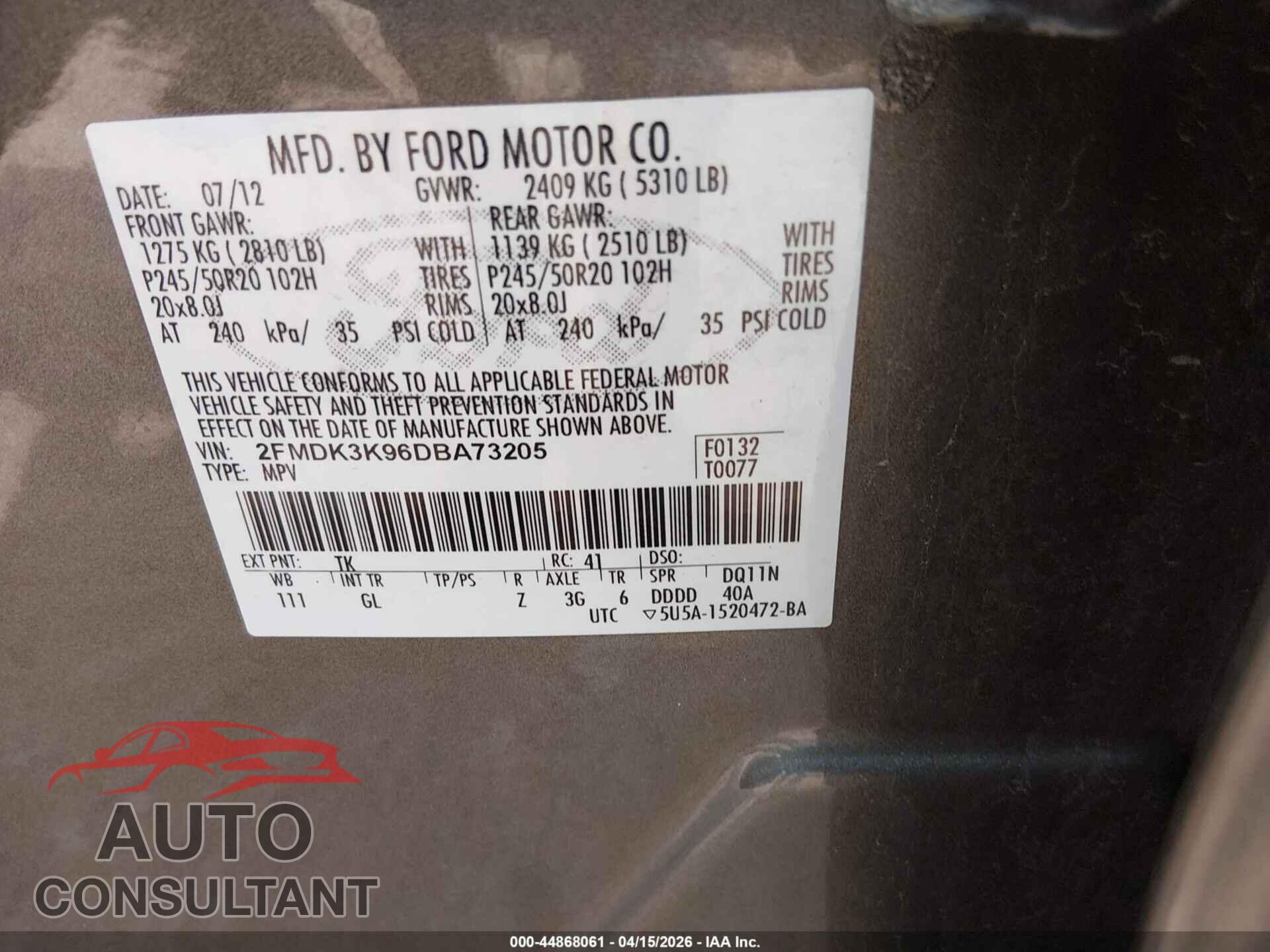 FORD EDGE 2013 - 2FMDK3K96DBA73205