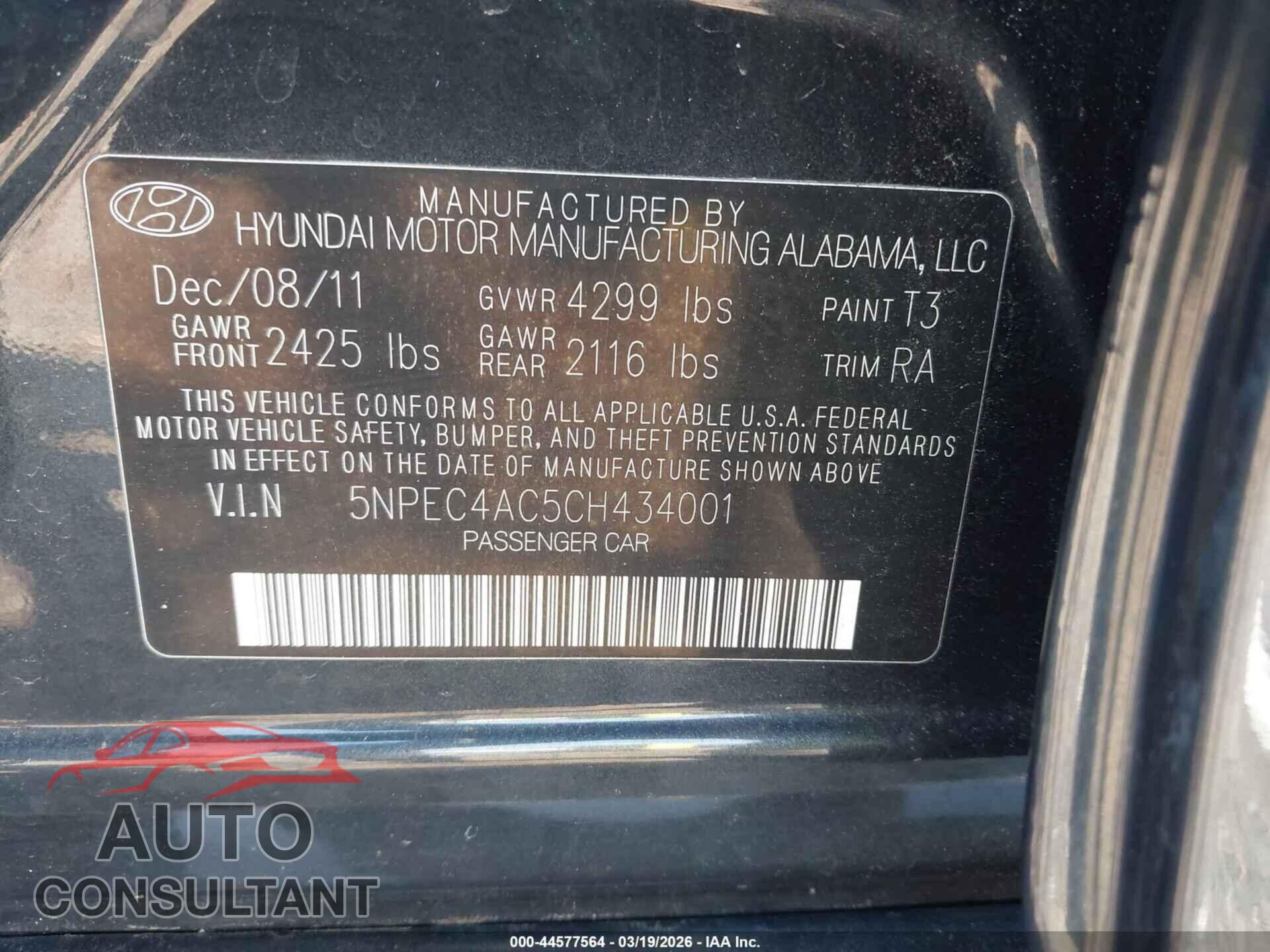 HYUNDAI SONATA 2012 - 5NPEC4AC5CH434001