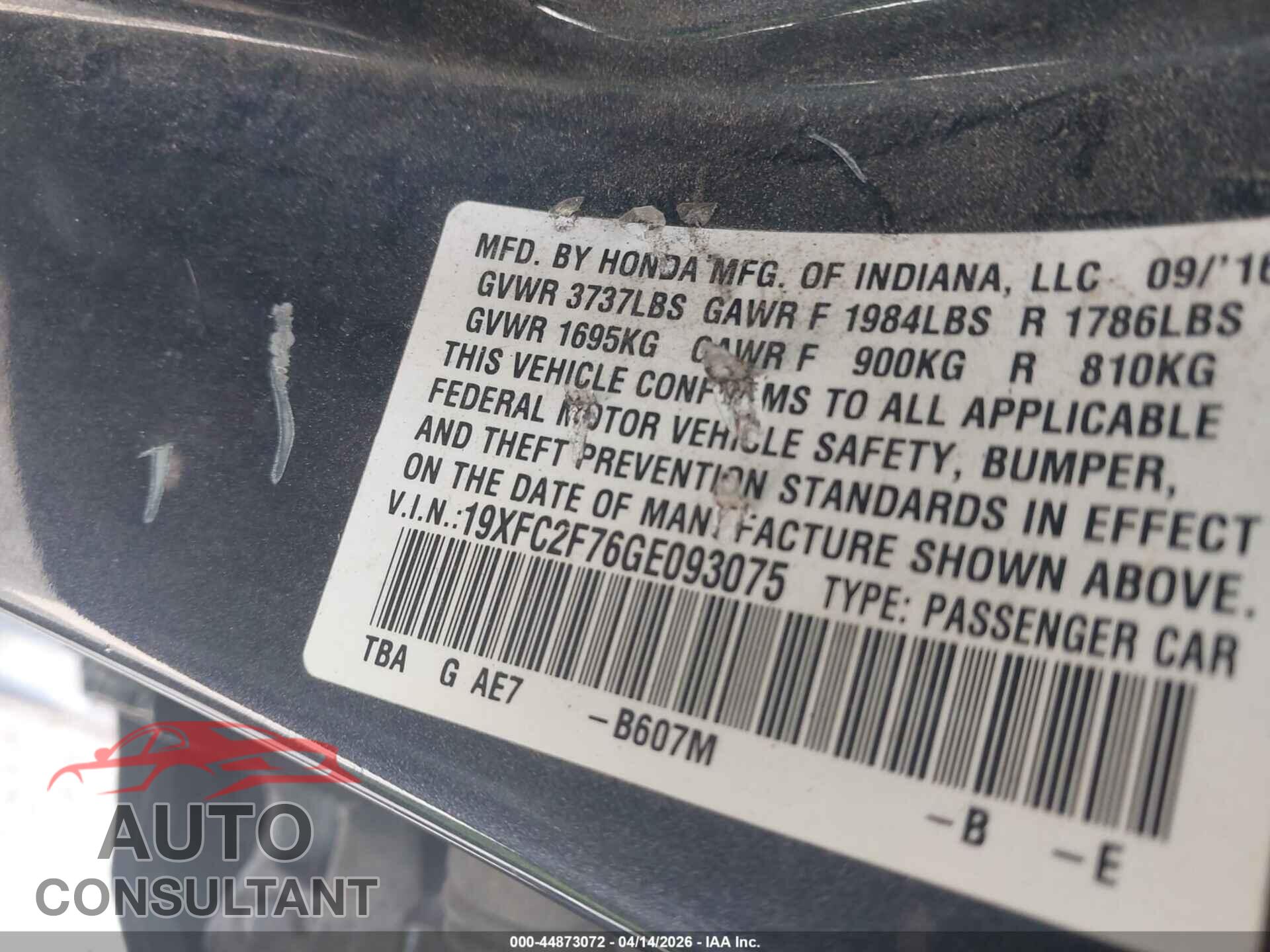HONDA CIVIC 2016 - 19XFC2F76GE093075