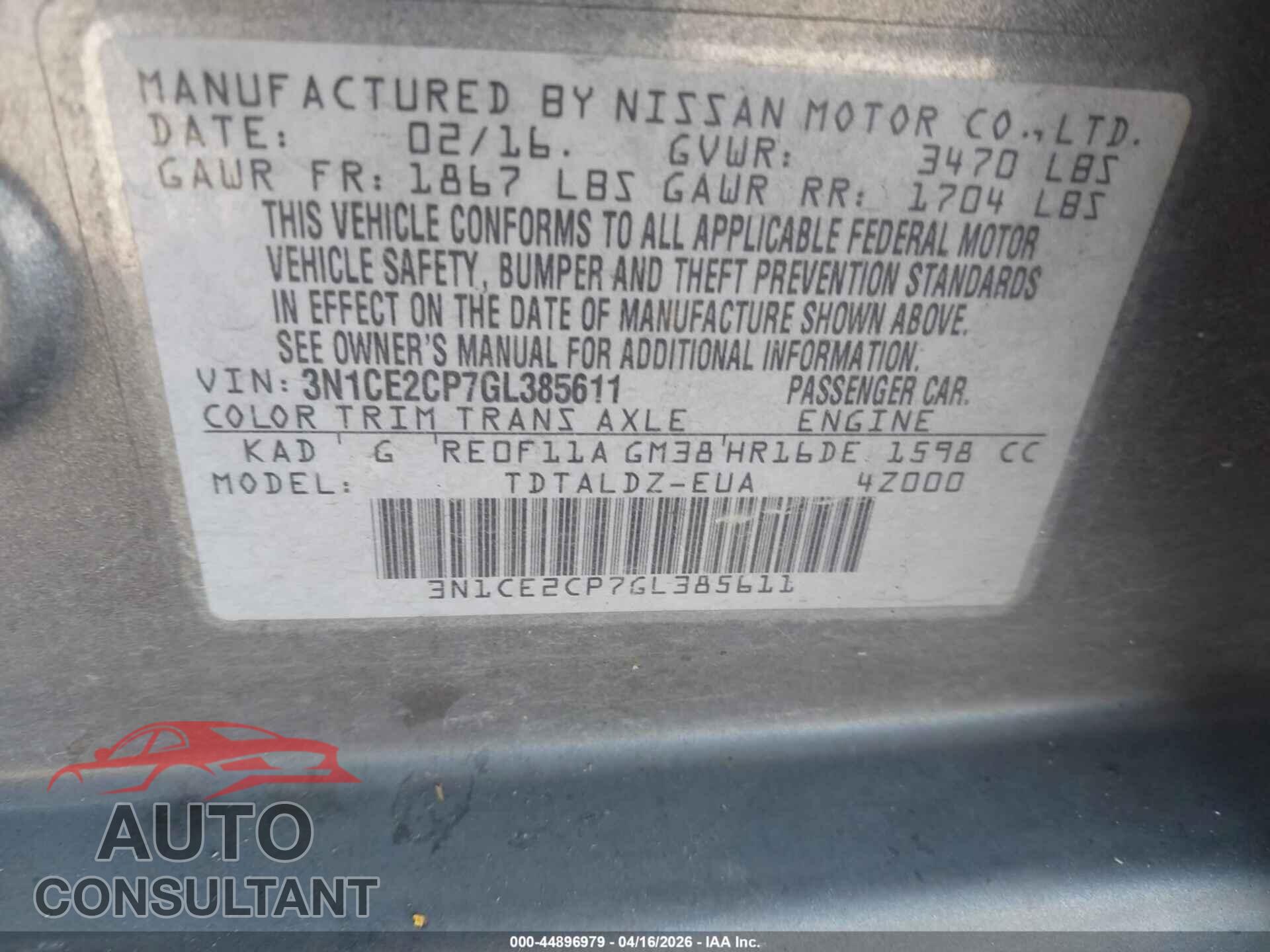 NISSAN VERSA NOTE 2016 - 3N1CE2CP7GL385611