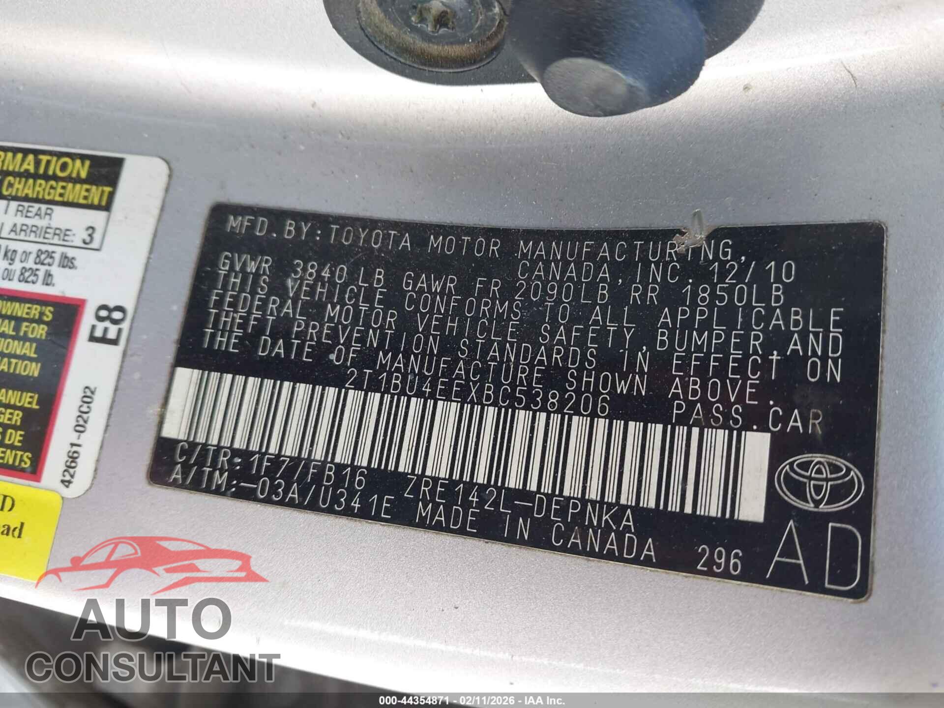 TOYOTA COROLLA 2011 - 2T1BU4EEXBC538206