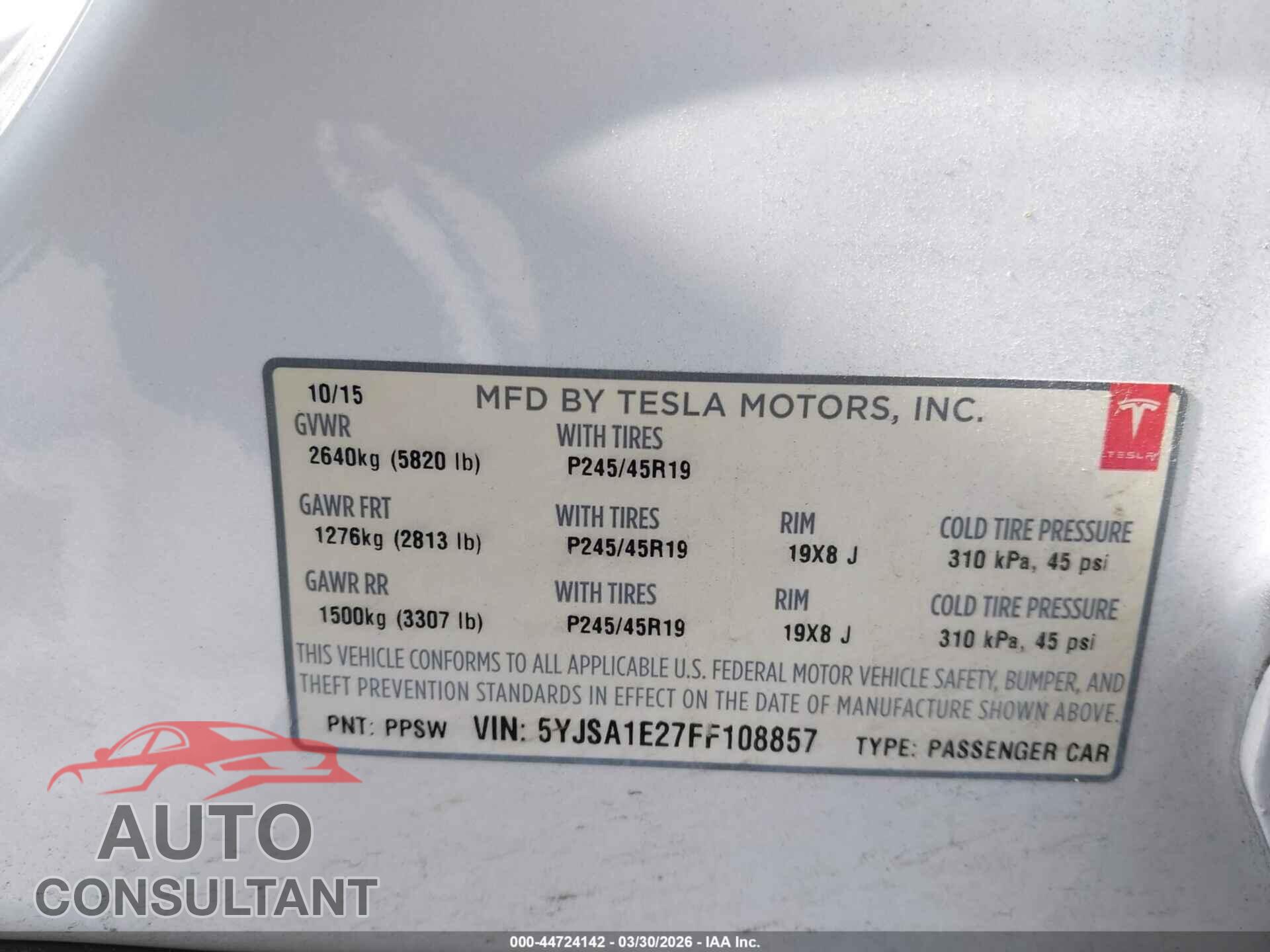 TESLA MODEL S 2015 - 5YJSA1E27FF108857