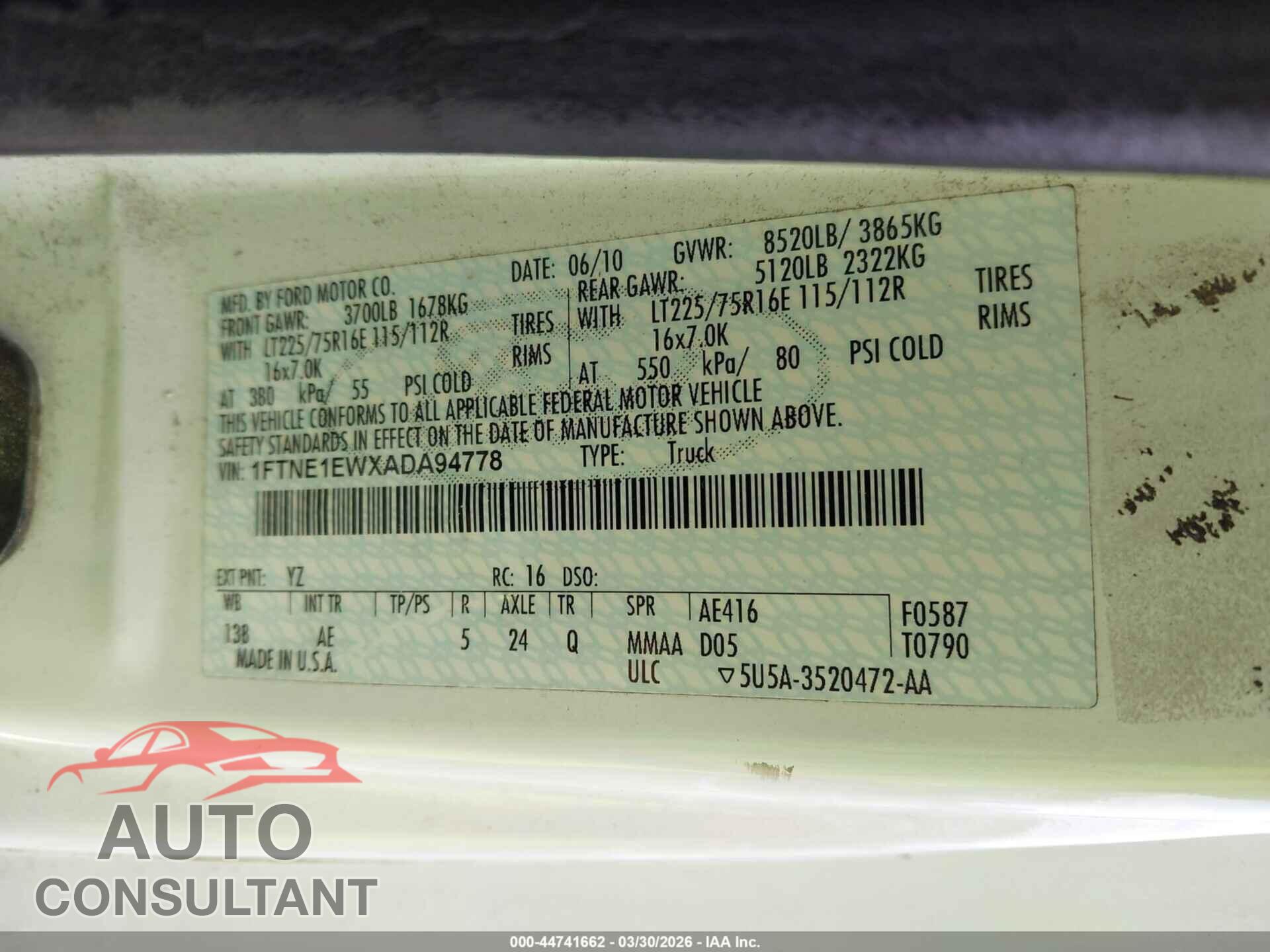 FORD E-150 2010 - 1FTNE1EWXADA94778