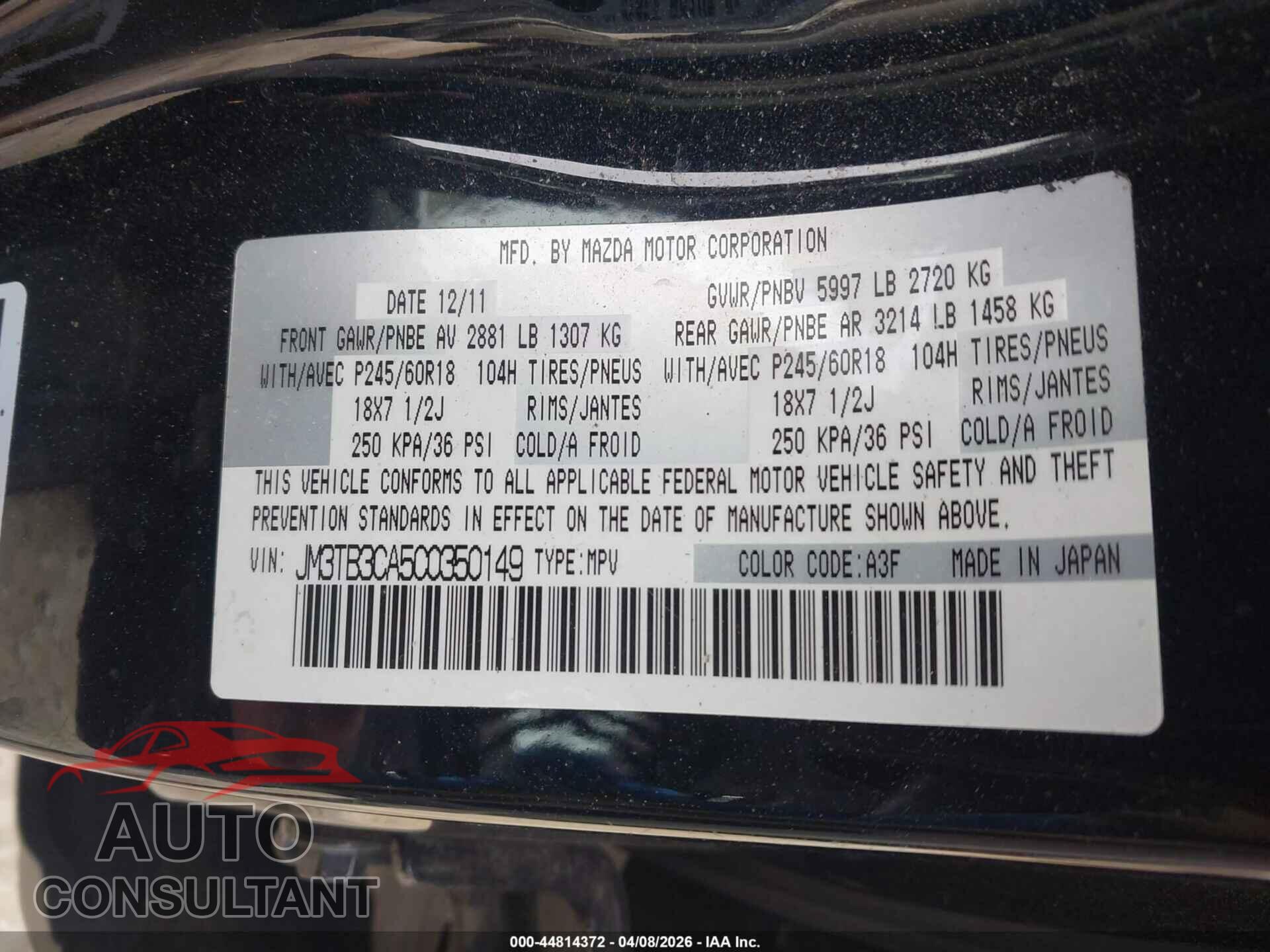 MAZDA CX-9 2012 - JM3TB3CA5C0350149