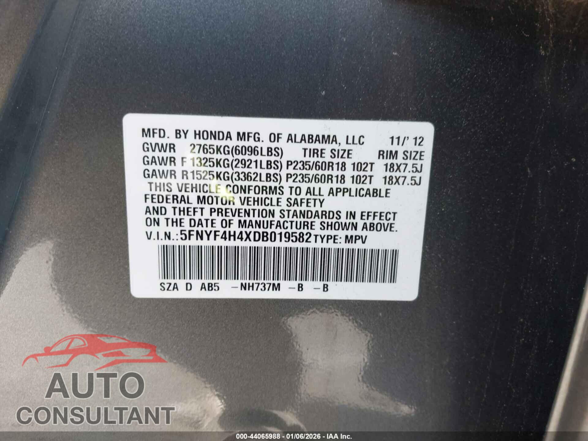 HONDA PILOT 2013 - 5FNYF4H4XDB019582