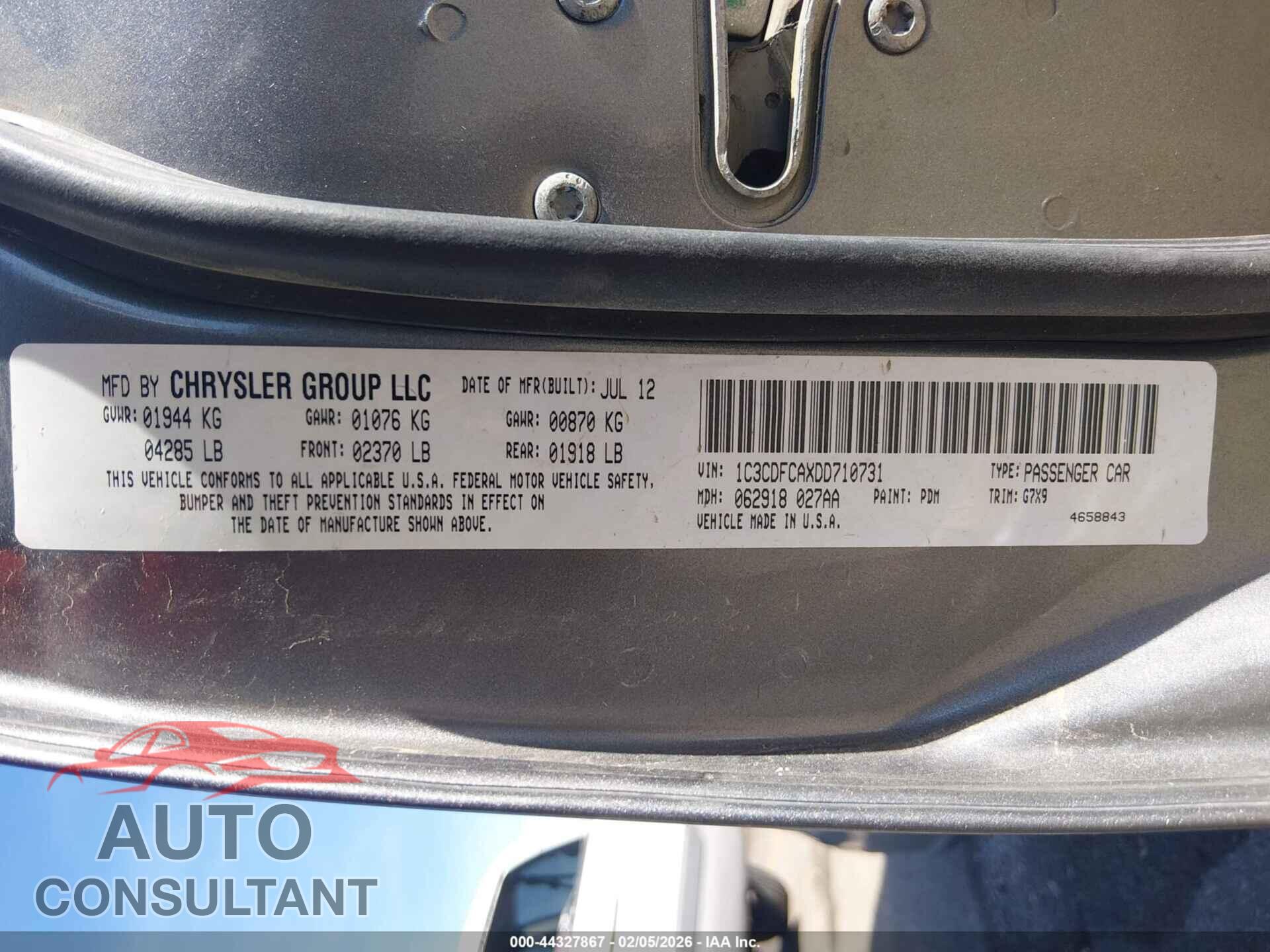 DODGE DART 2013 - 1C3CDFCAXDD710731