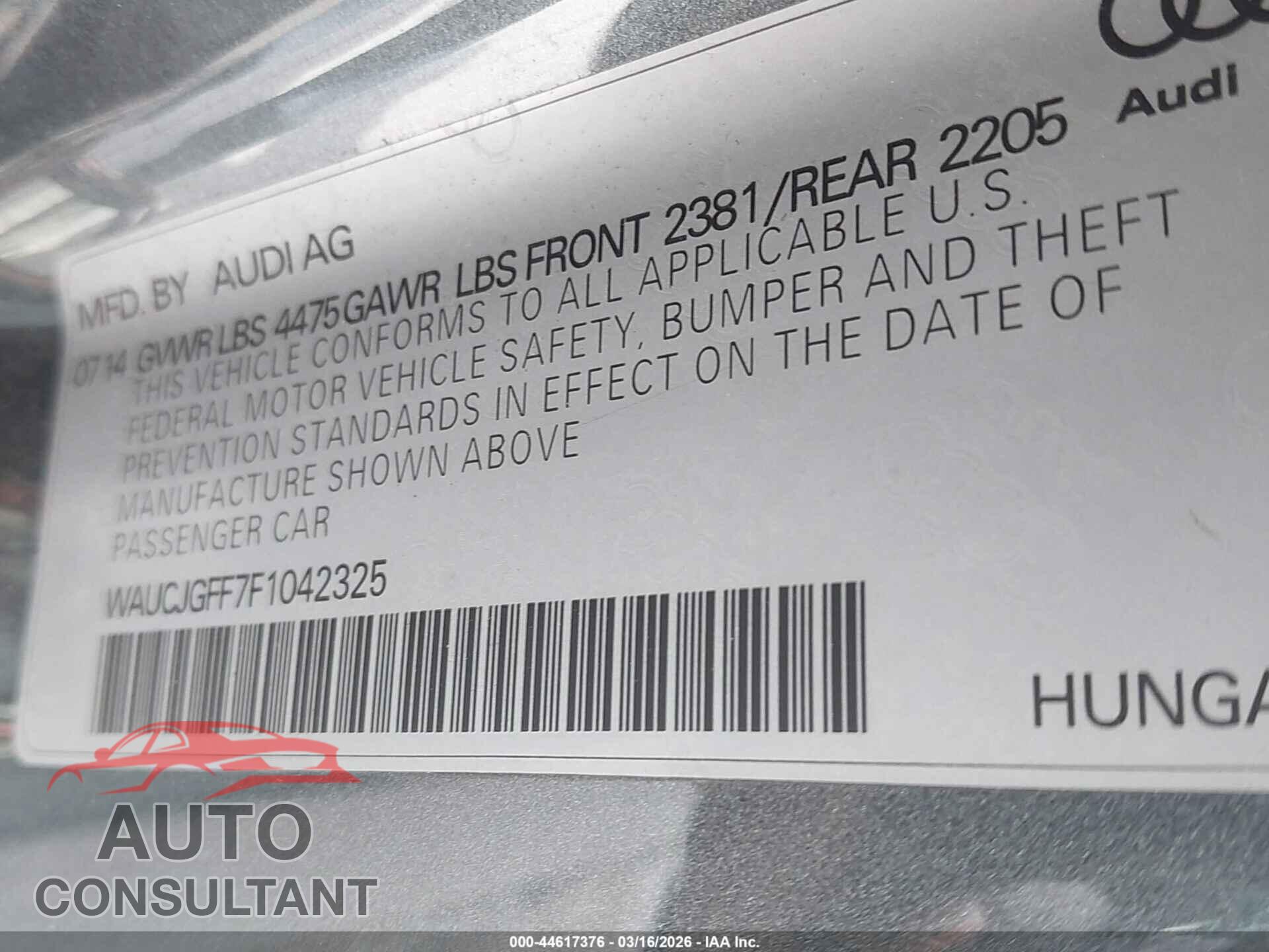 AUDI A3 2015 - WAUCJGFF7F1042325