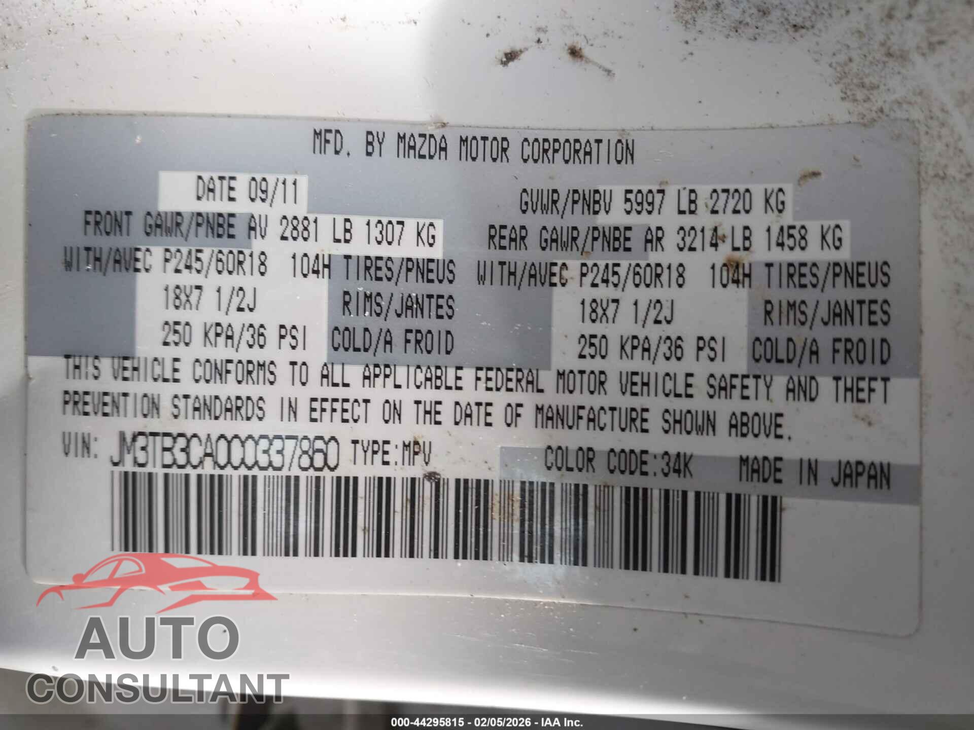 MAZDA CX-9 2012 - JM3TB3CA0C0337860