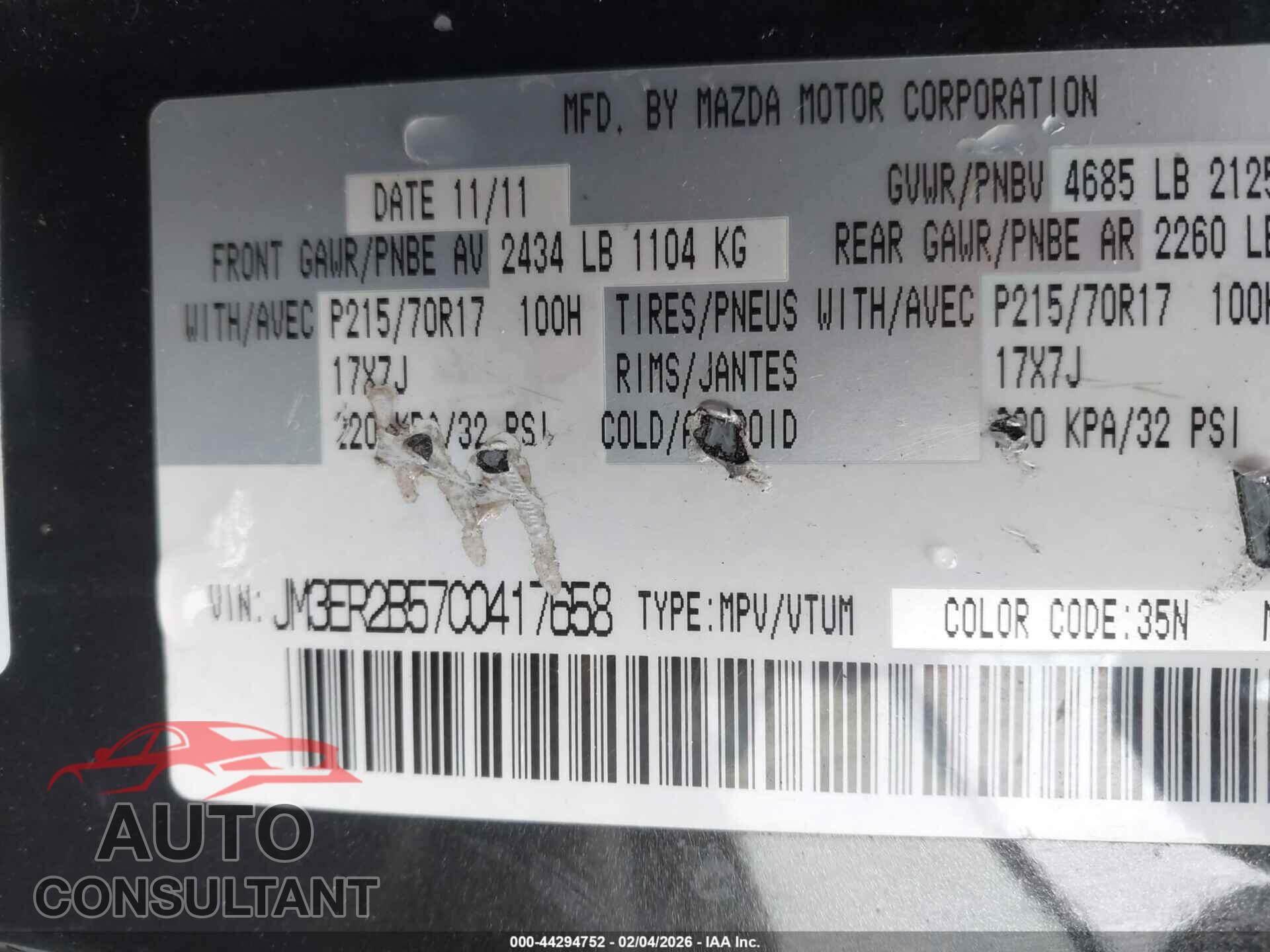 MAZDA CX-7 2012 - JM3ER2B57C0417658
