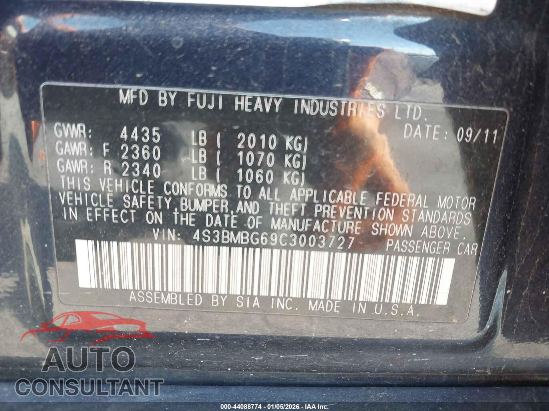 SUBARU LEGACY 2012 - 4S3BMBG69C3003727