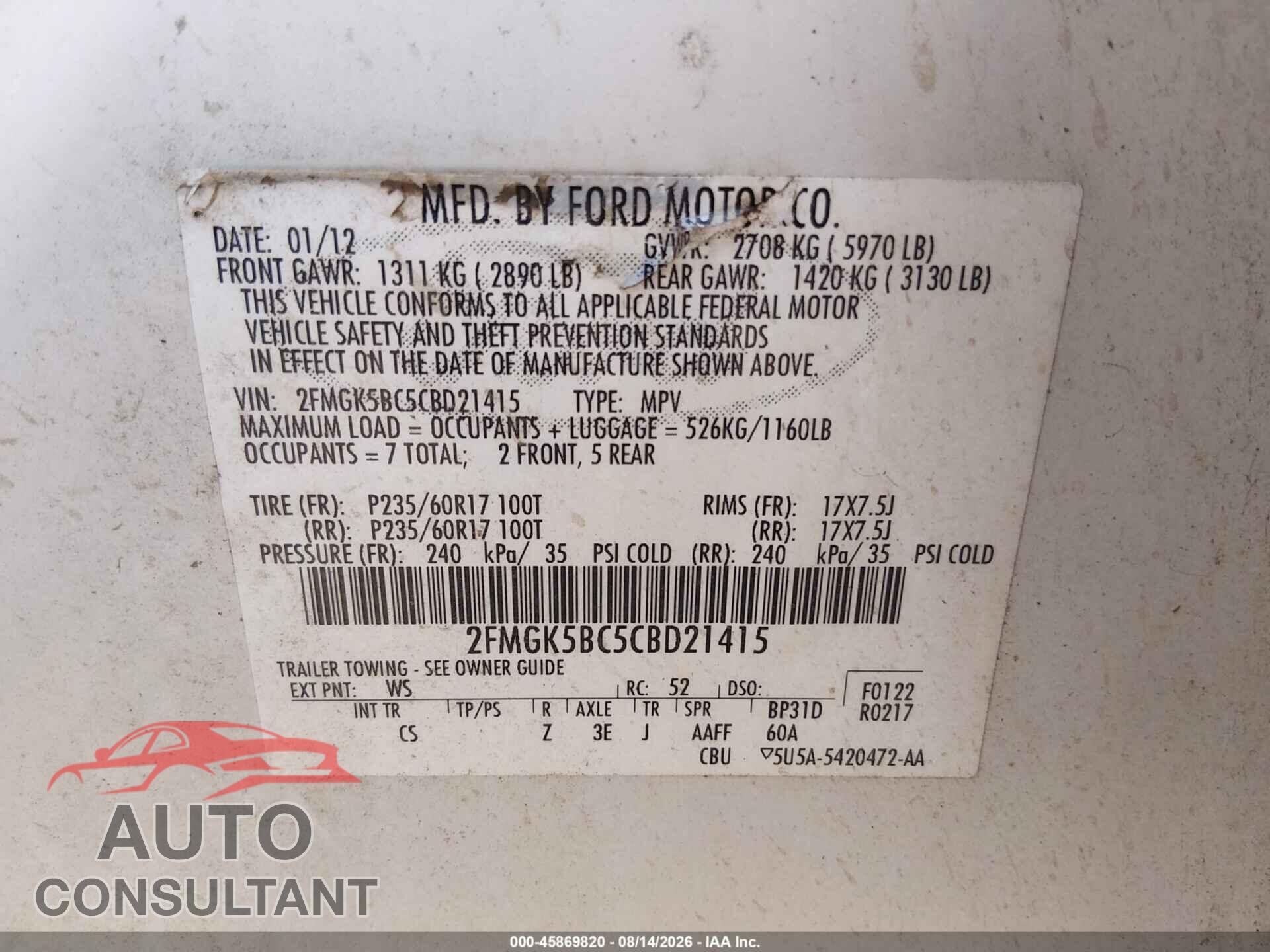 FORD FLEX 2012 - 2FMGK5BC5CBD21415