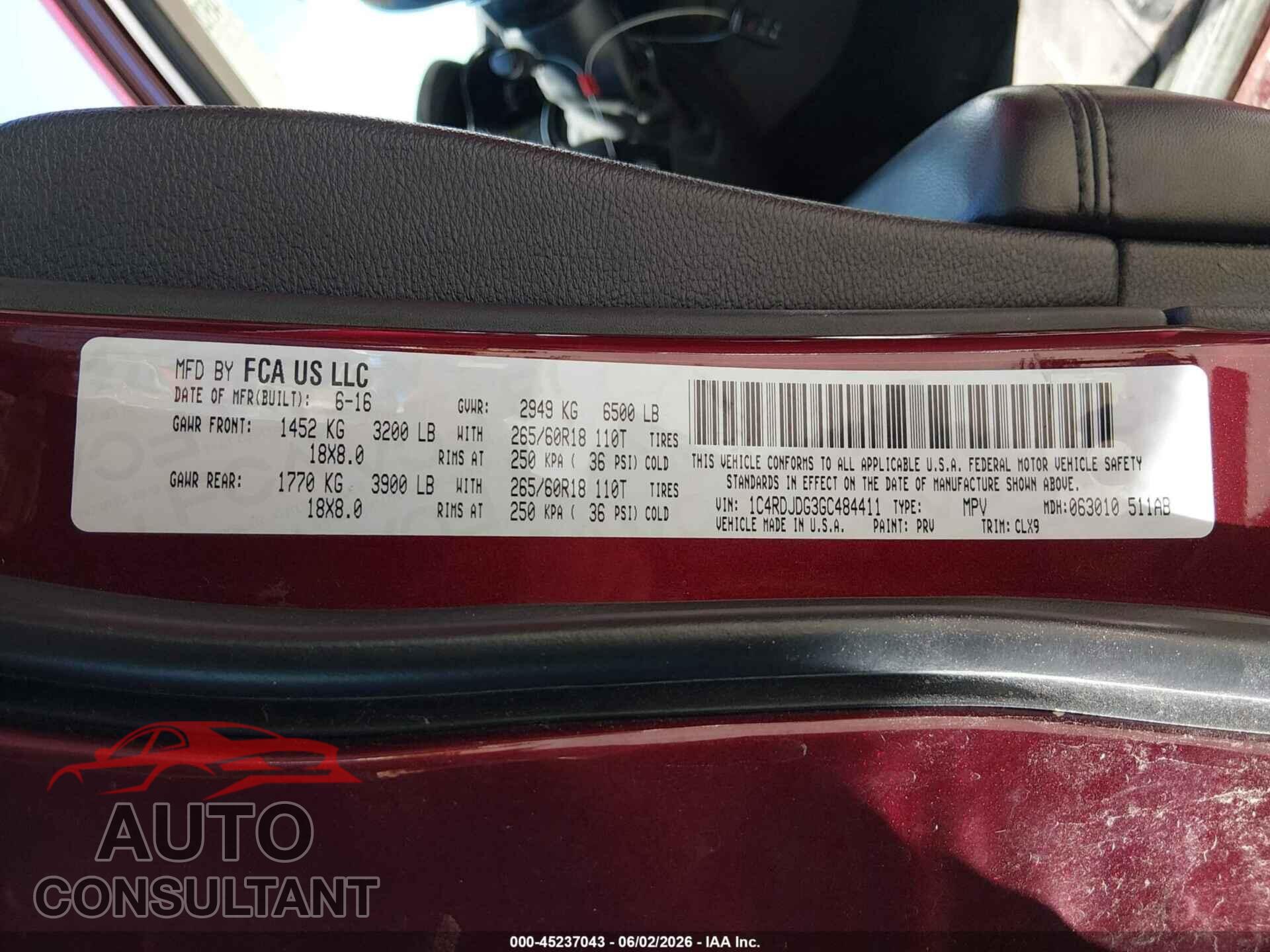 DODGE DURANGO 2016 - 1C4RDJDG3GC484411