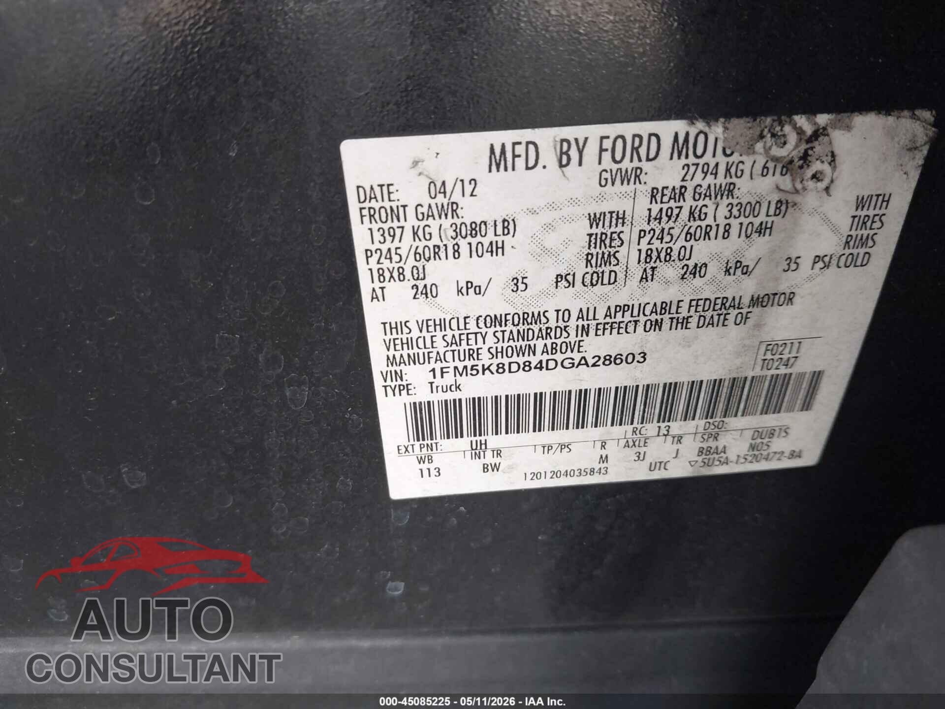 FORD EXPLORER 2013 - 1FM5K8D84DGA28603