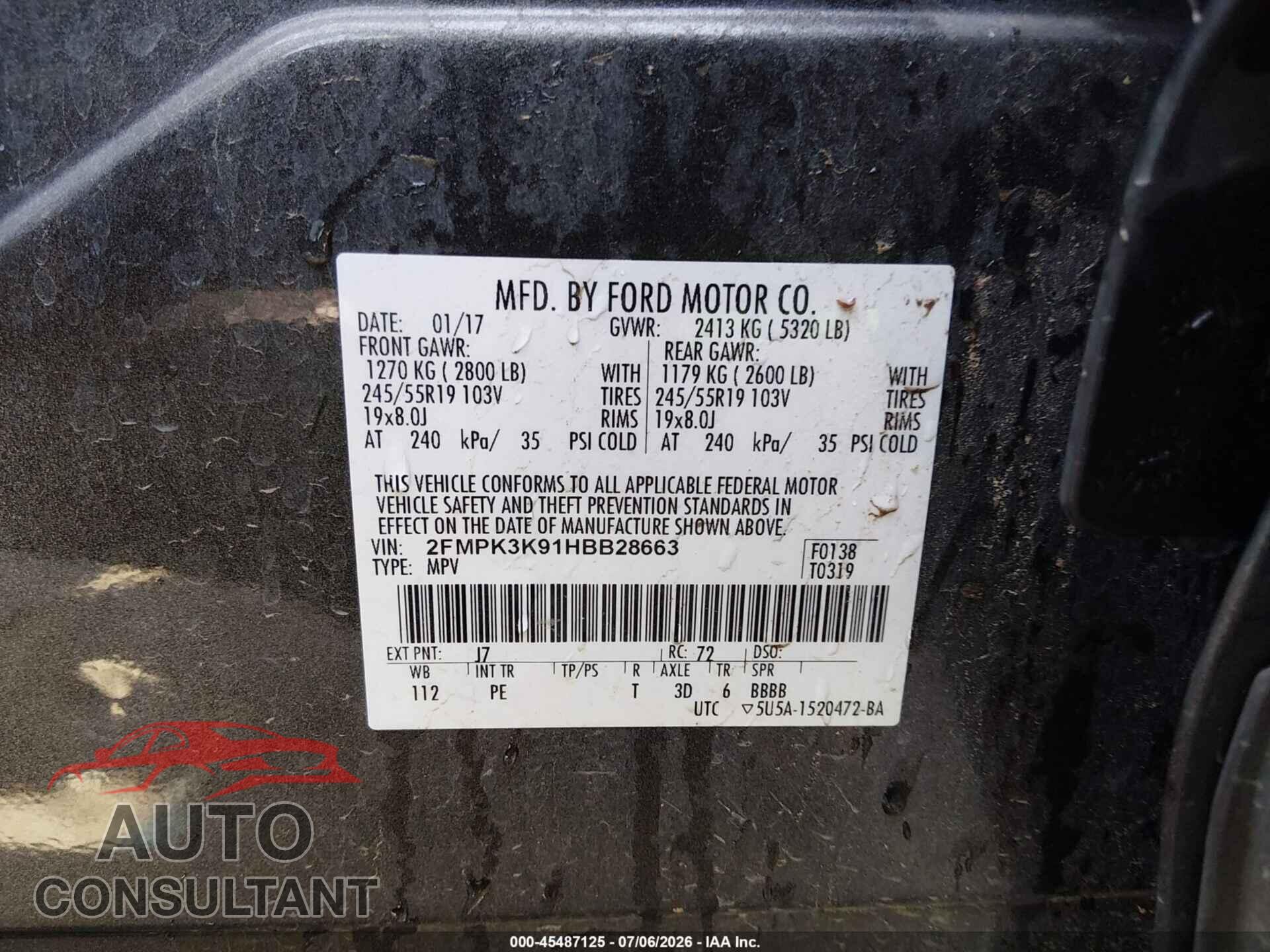 FORD EDGE 2017 - 2FMPK3K91HBB28663