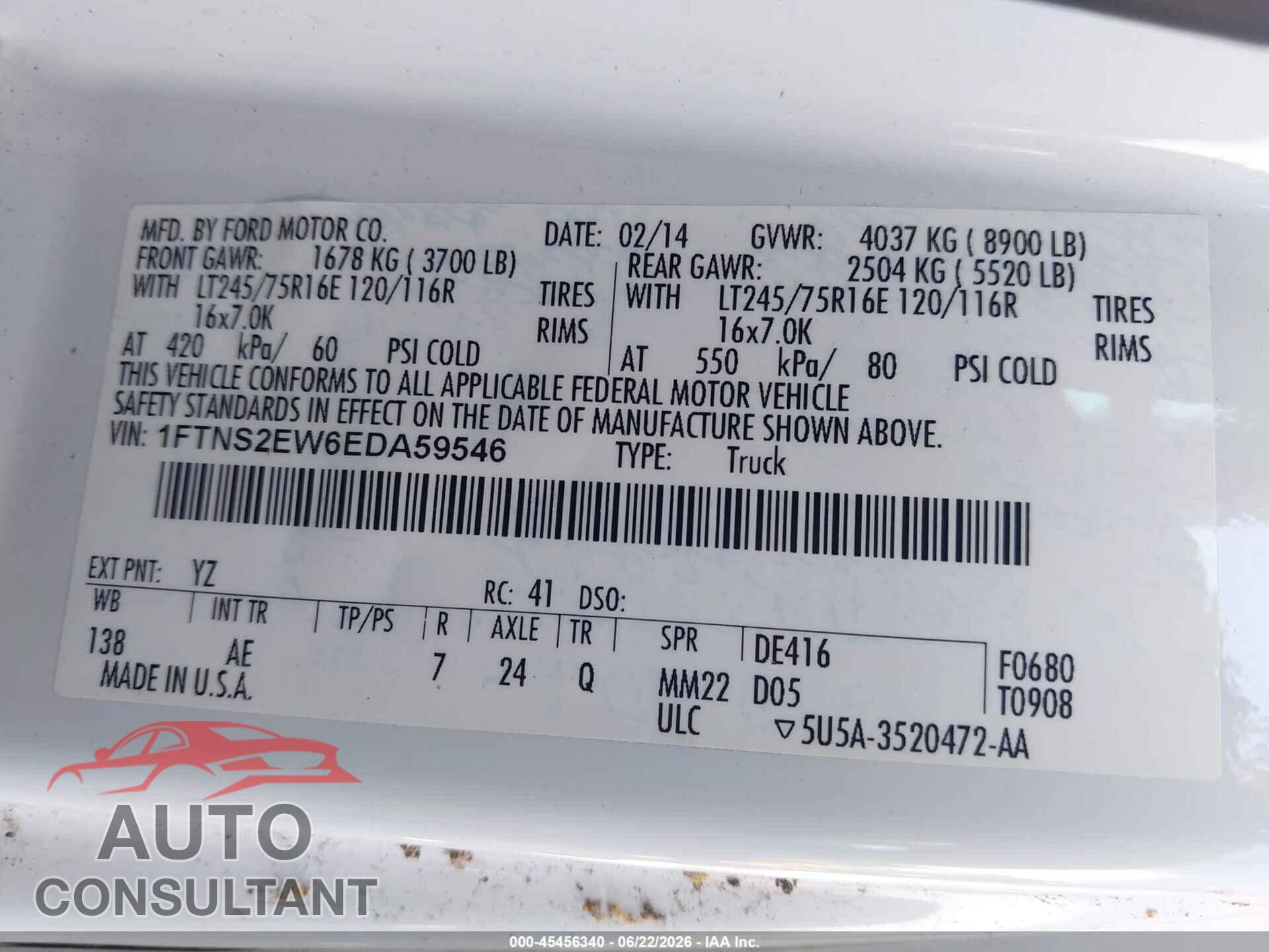 FORD E-250 2014 - 1FTNS2EW6EDA59546