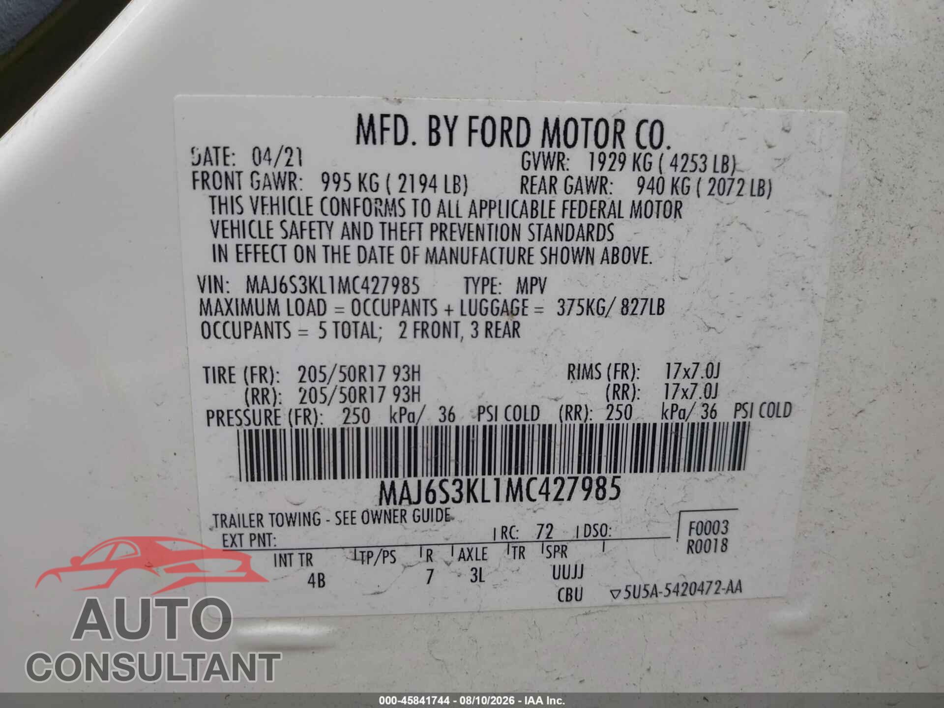 FORD ECOSPORT 2021 - MAJ6S3KL1MC427985