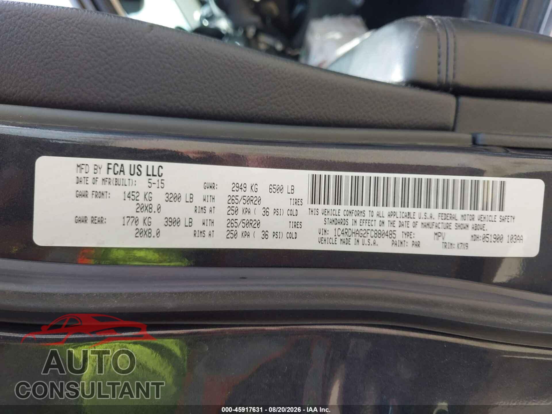 DODGE DURANGO 2015 - 1C4RDHAG2FC880485