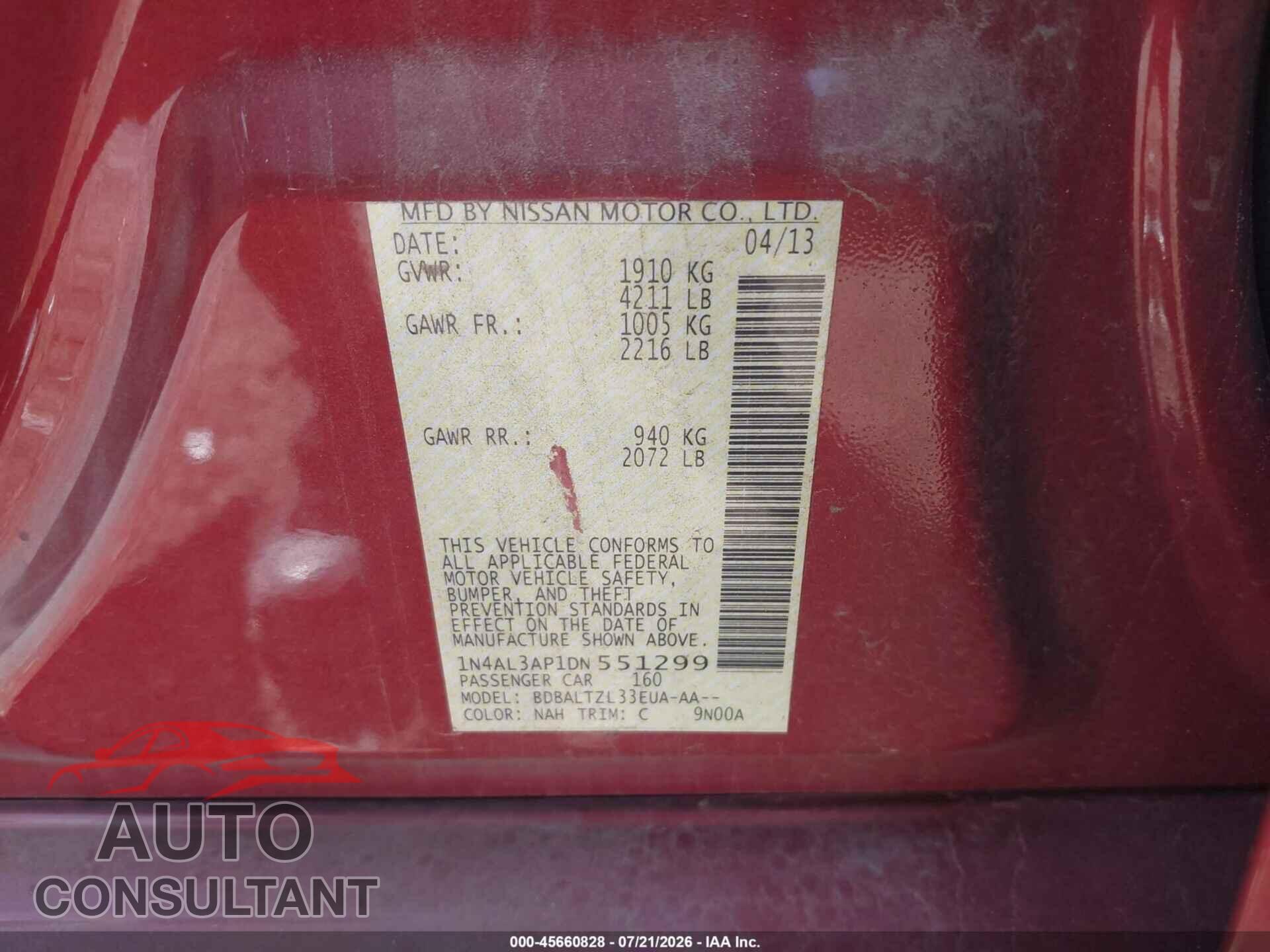 NISSAN ALTIMA 2013 - 1N4AL3AP1DN551299