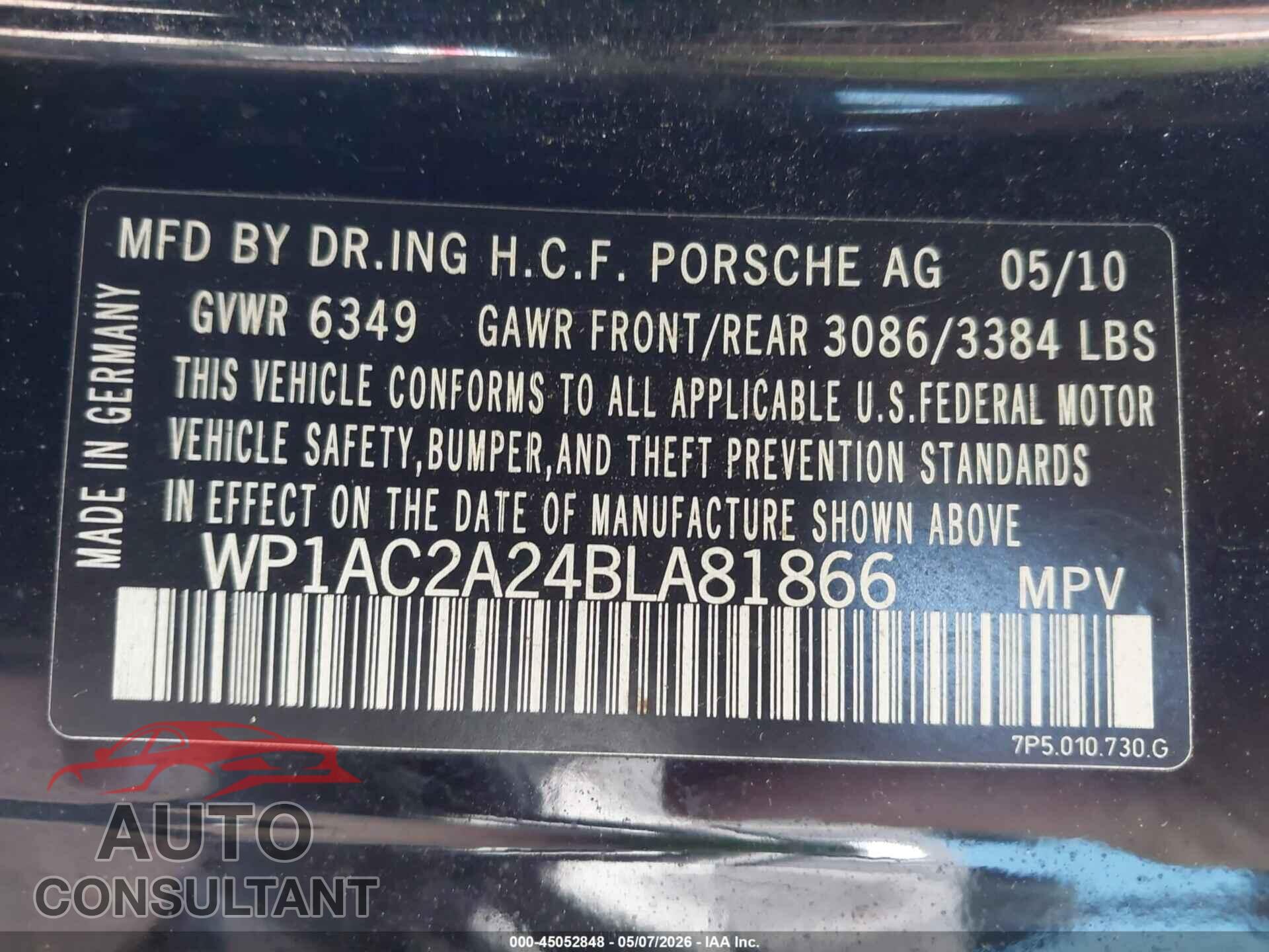PORSCHE CAYENNE 2011 - WP1AC2A24BLA81866