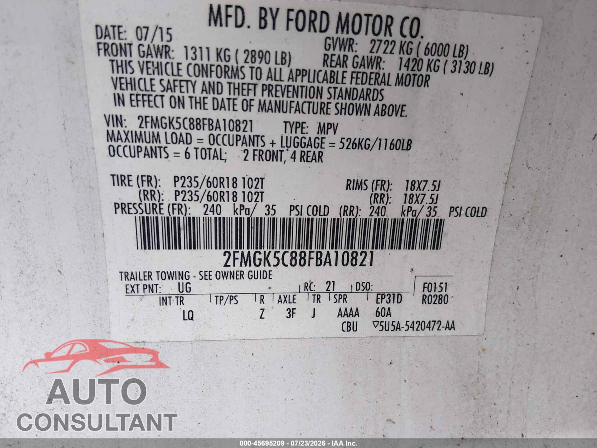 FORD FLEX 2015 - 2FMGK5C88FBA10821