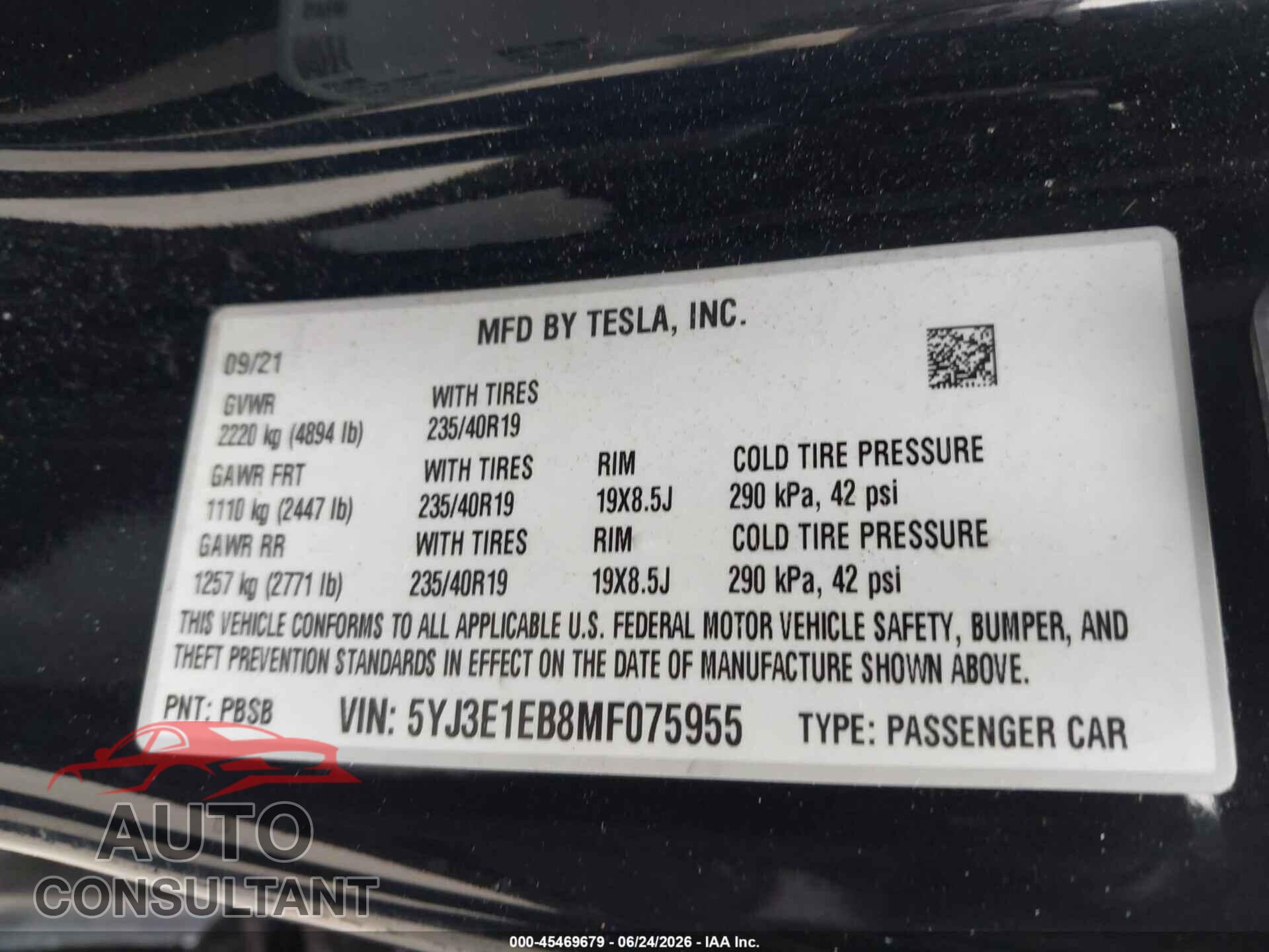 TESLA MODEL 3 2021 - 5YJ3E1EB8MF075955