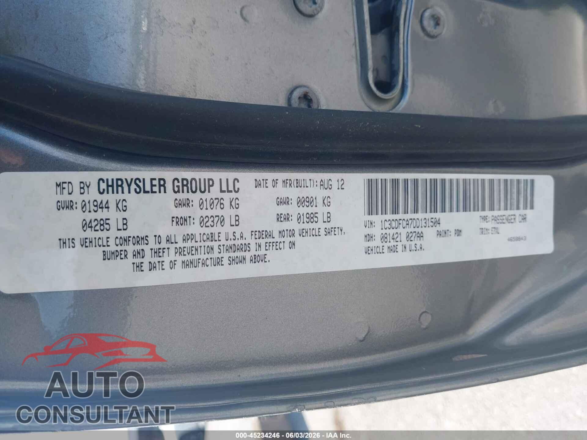 DODGE DART 2013 - 1C3CDFCA7DD131504