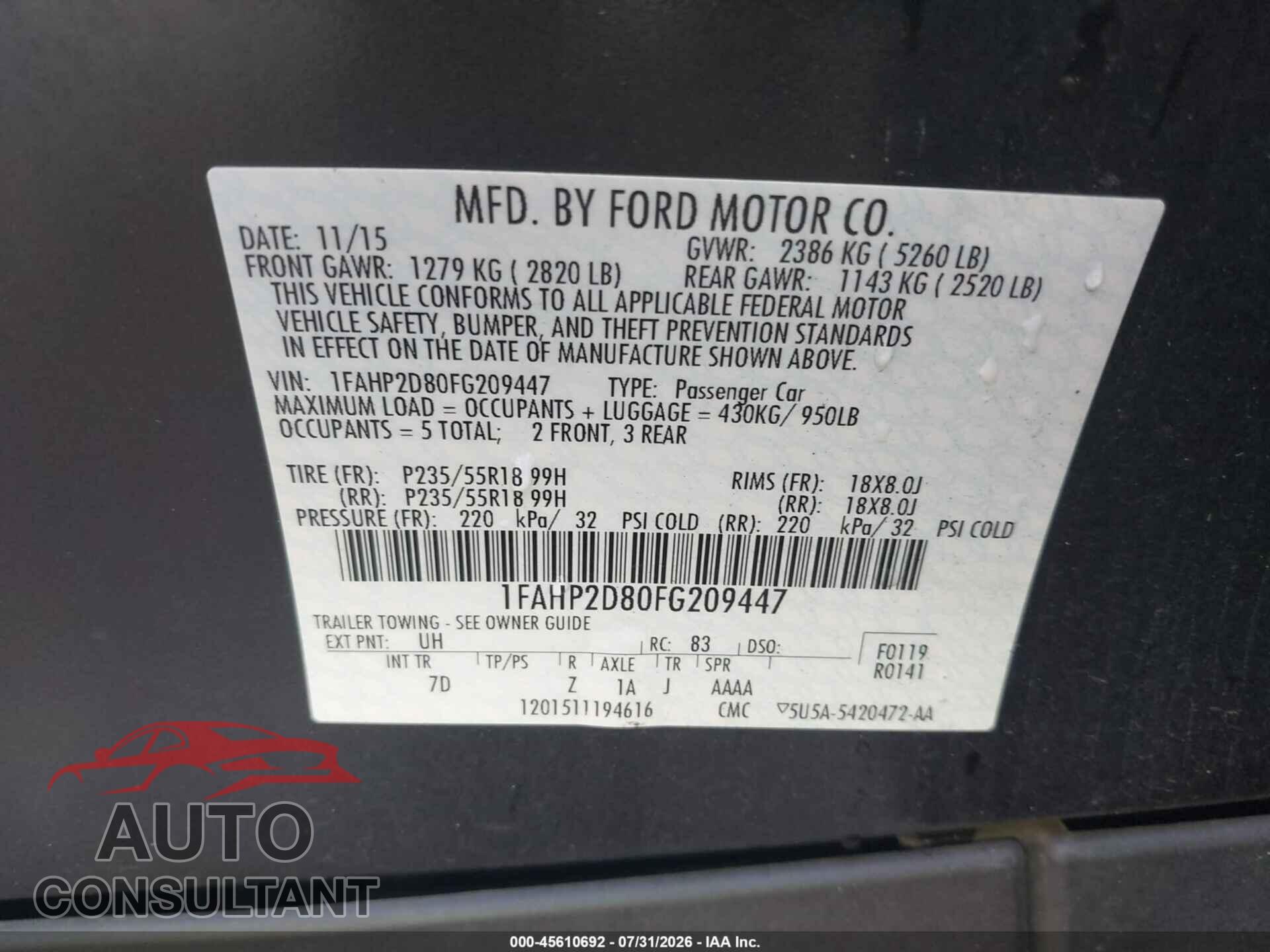 FORD TAURUS 2015 - 1FAHP2D80FG209447