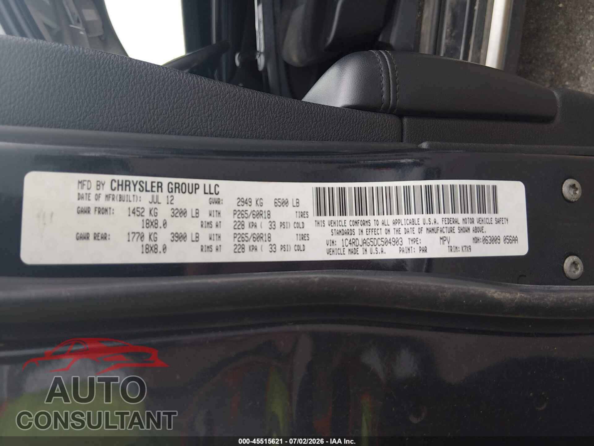 DODGE DURANGO 2013 - 1C4RDJAG5DC504903